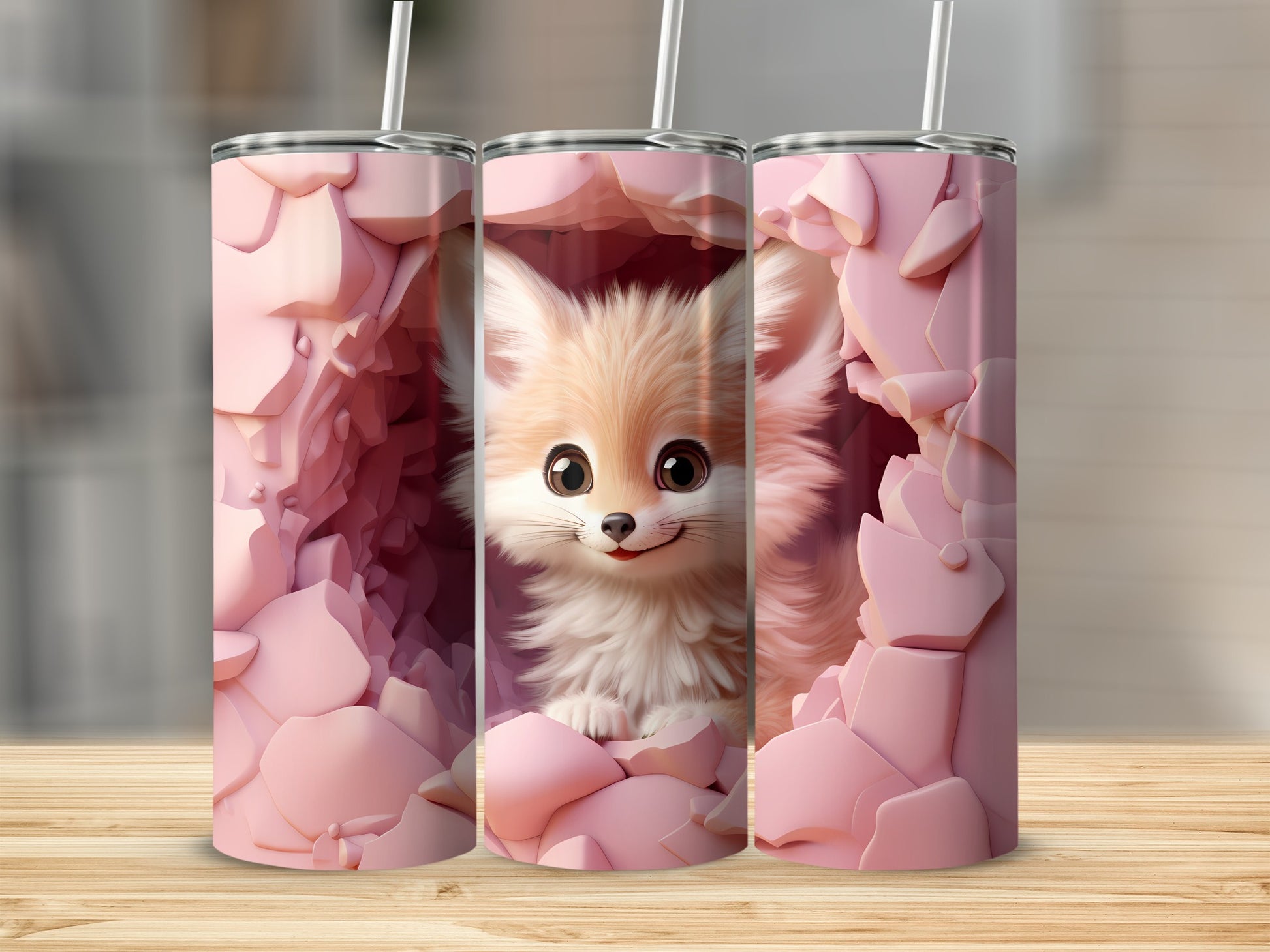 Cute Furry Fox Design Tumblers with Pink Background