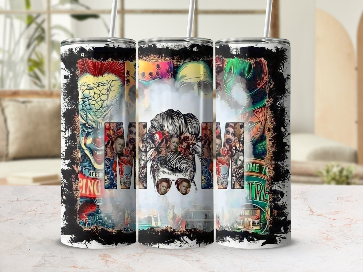Horror movie characters montage on a tumbler with "Mom" in the center.