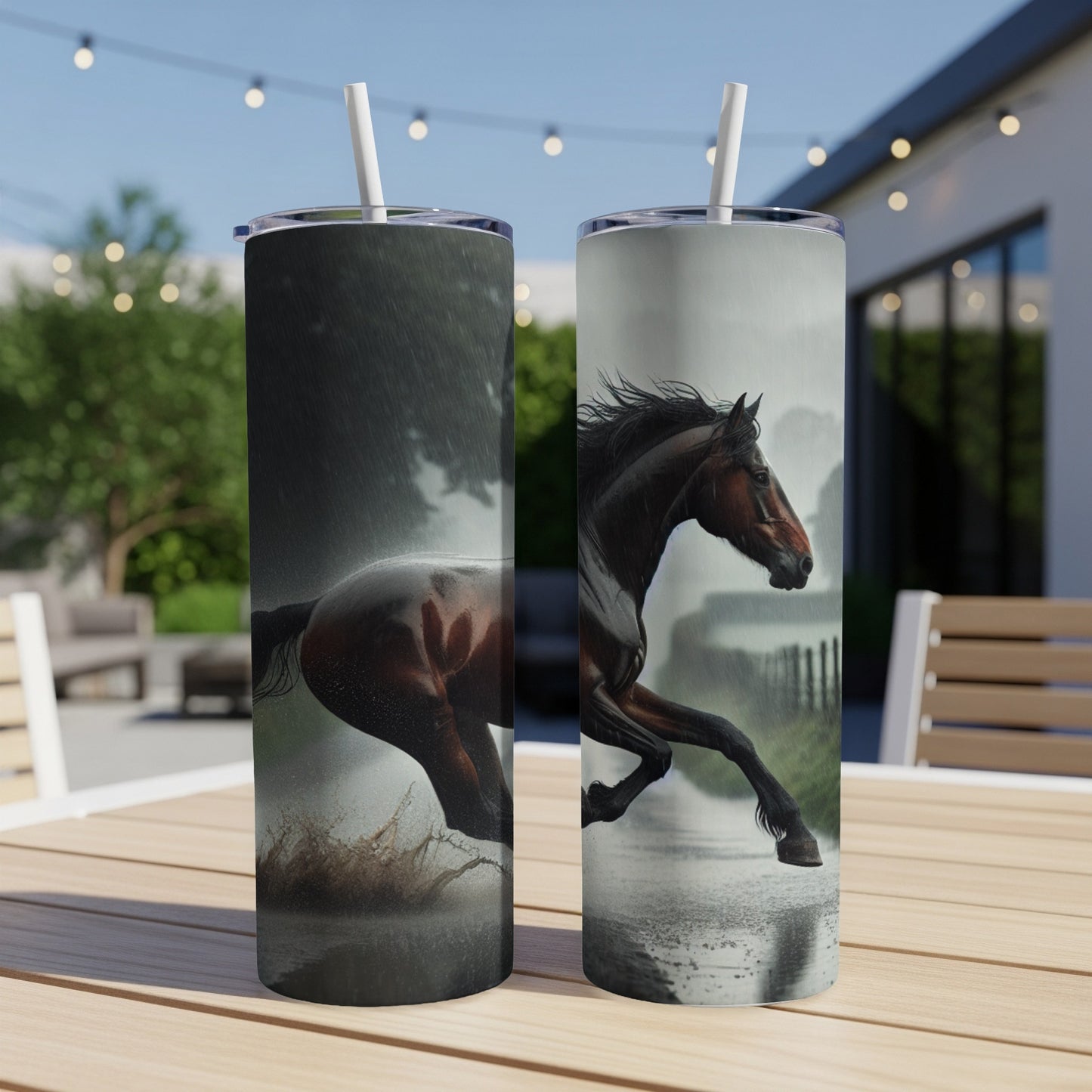 Two tumblers featuring a dark horse running through a muddy puddle.