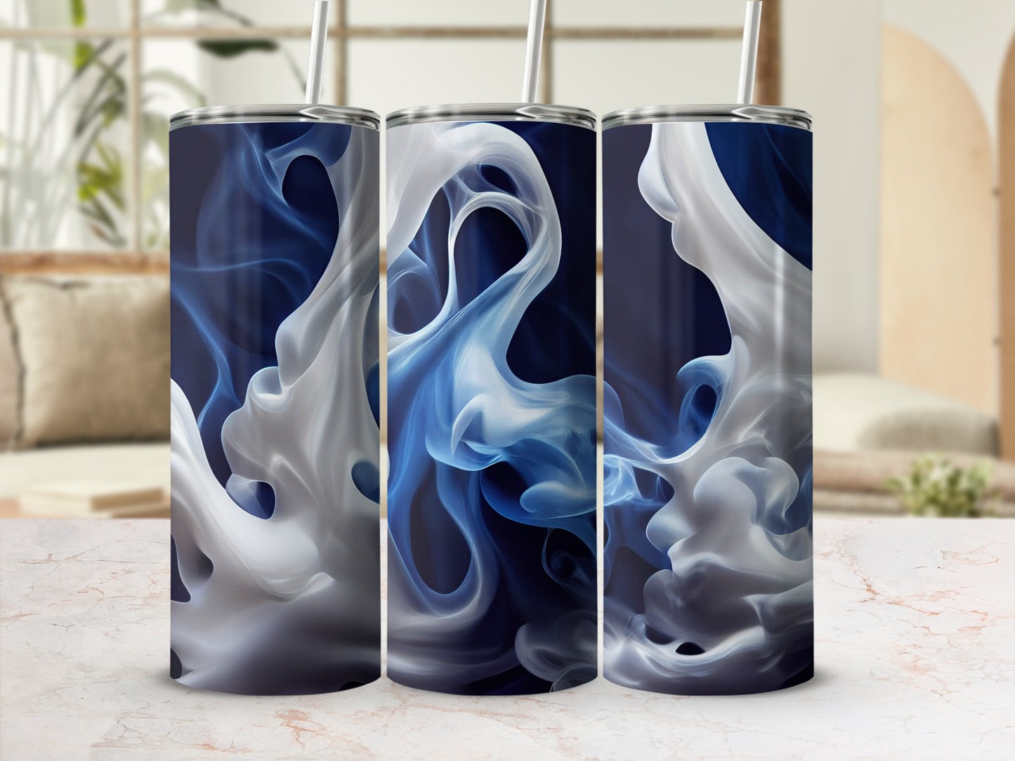 Three tumblers with swirling blue and white smoke design.
