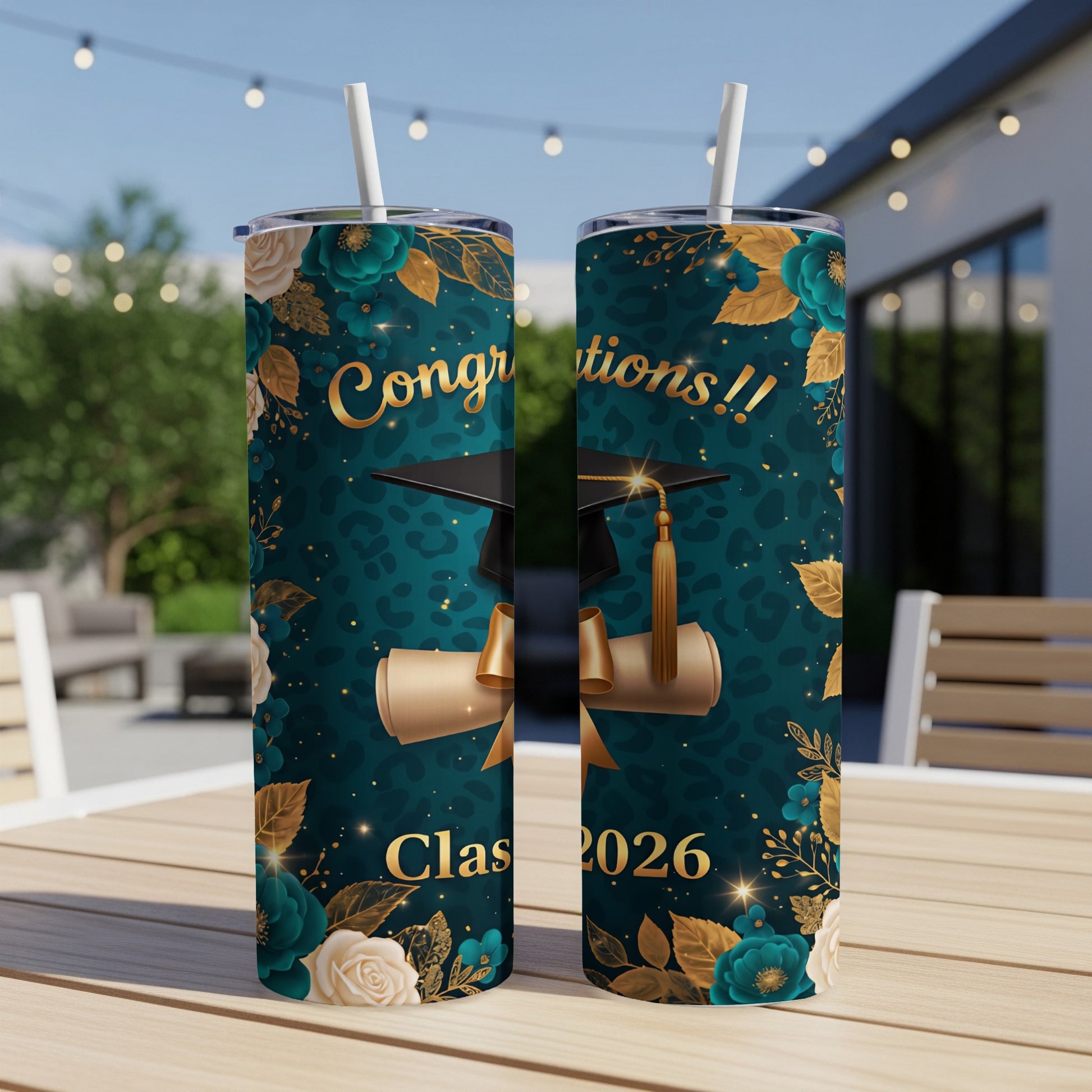 Graduation tumbler with "Congratulations!!" and "Class 2026" text, floral, and leopard print.