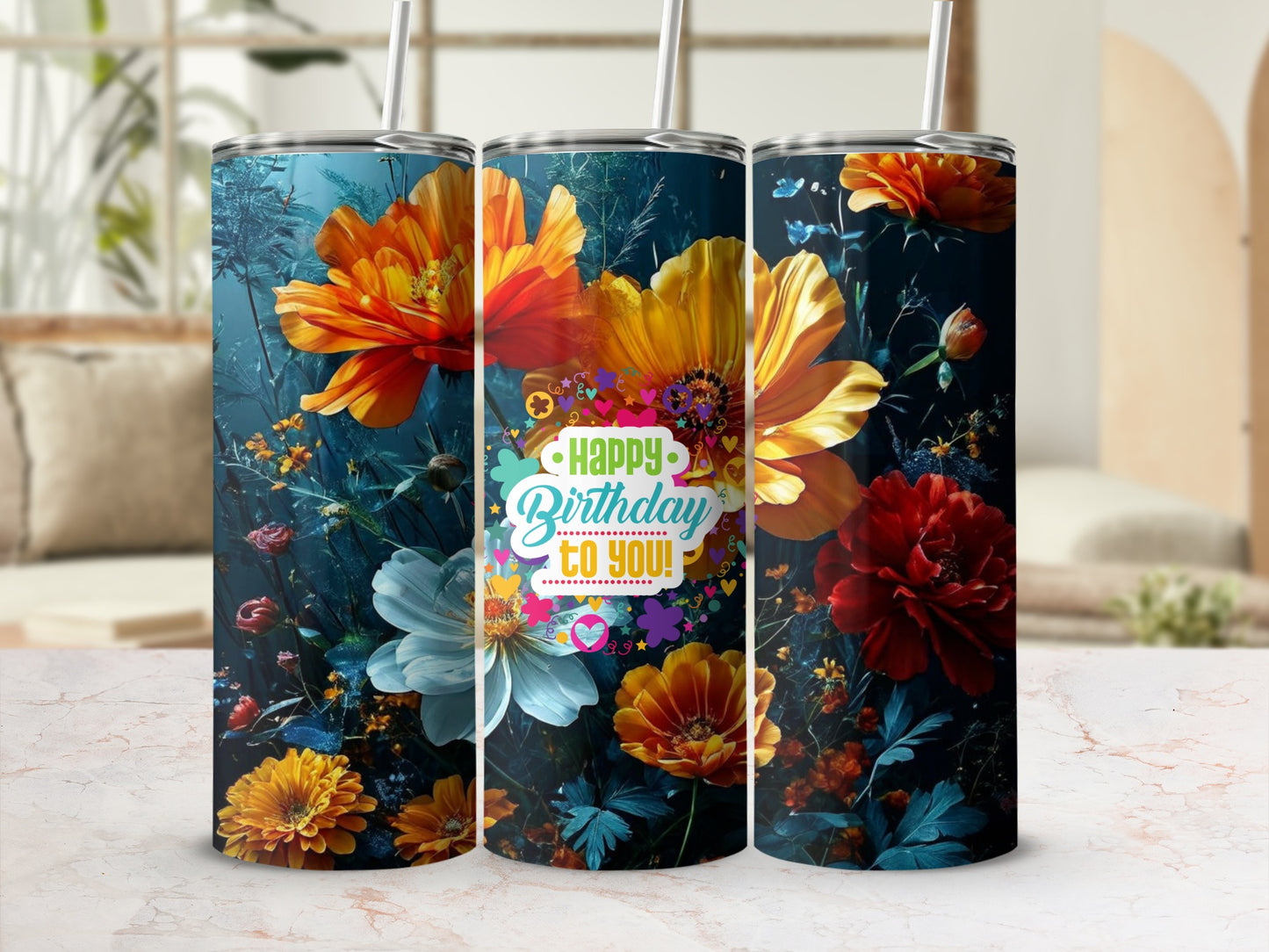Floral birthday tumbler with colorful flowers and "Happy Birthday to you!" text.