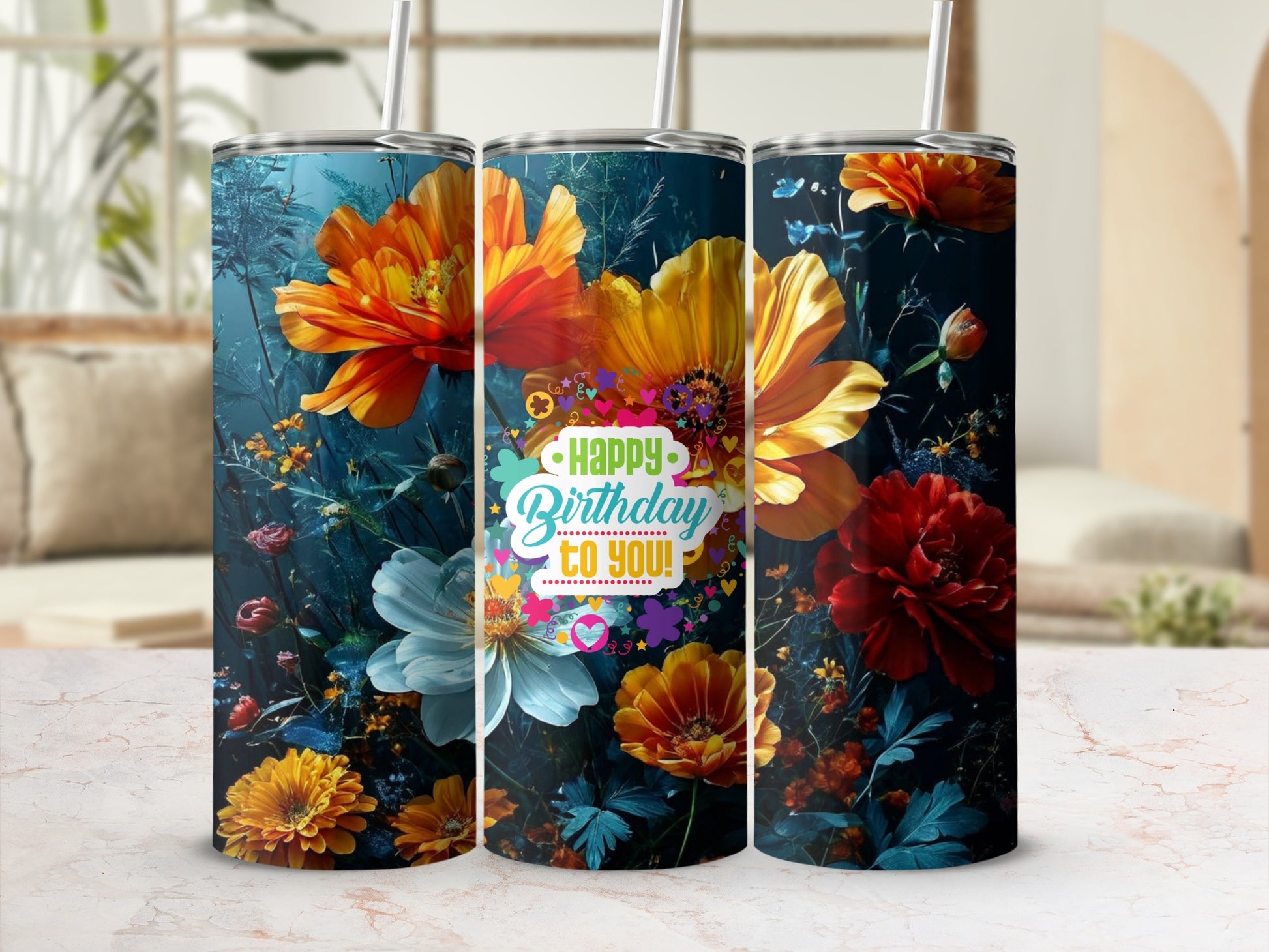 Floral birthday tumbler with colorful flowers and "Happy Birthday to you!" text.