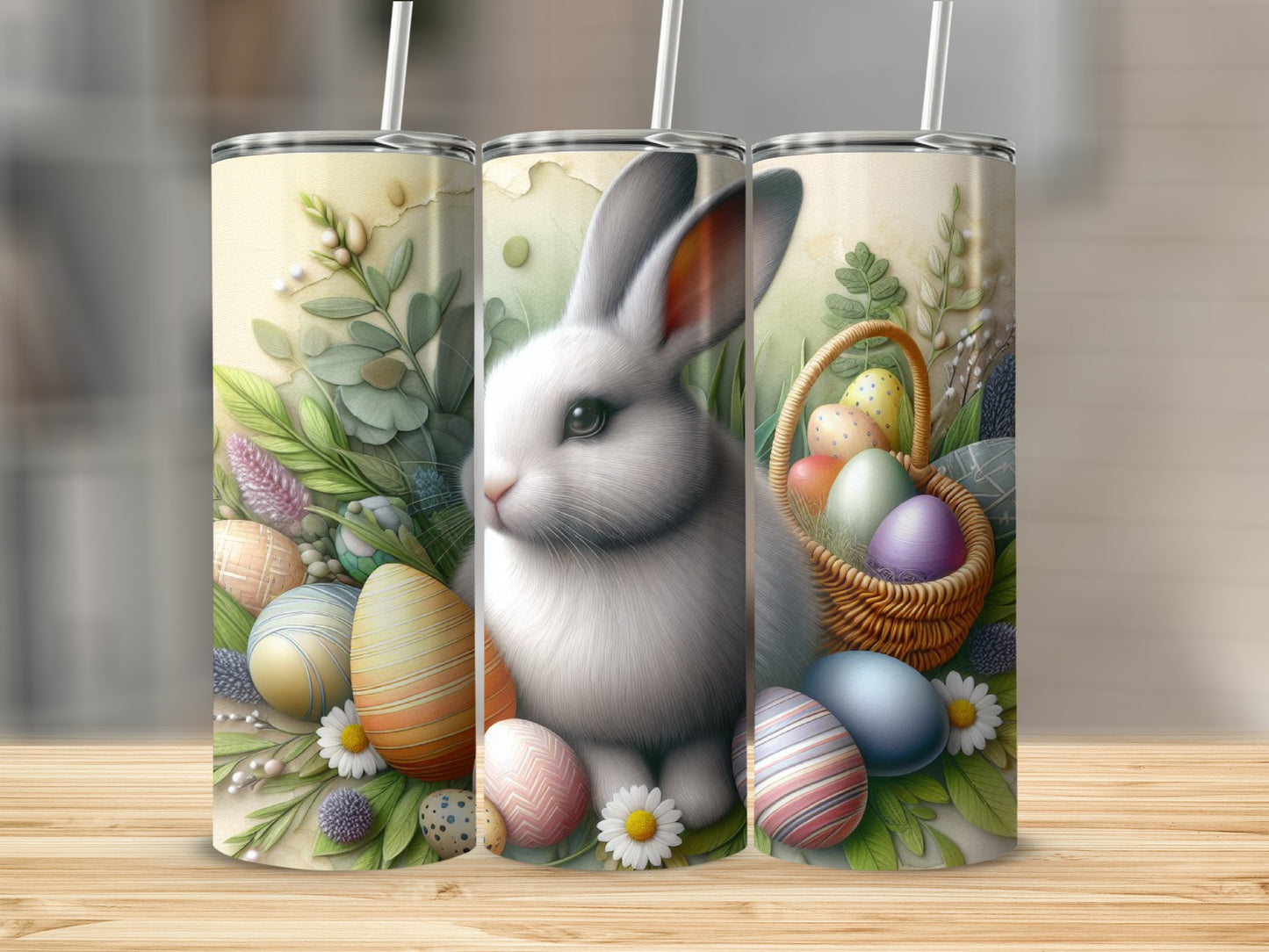 Easter bunny with decorated eggs and a basket in a spring floral background.