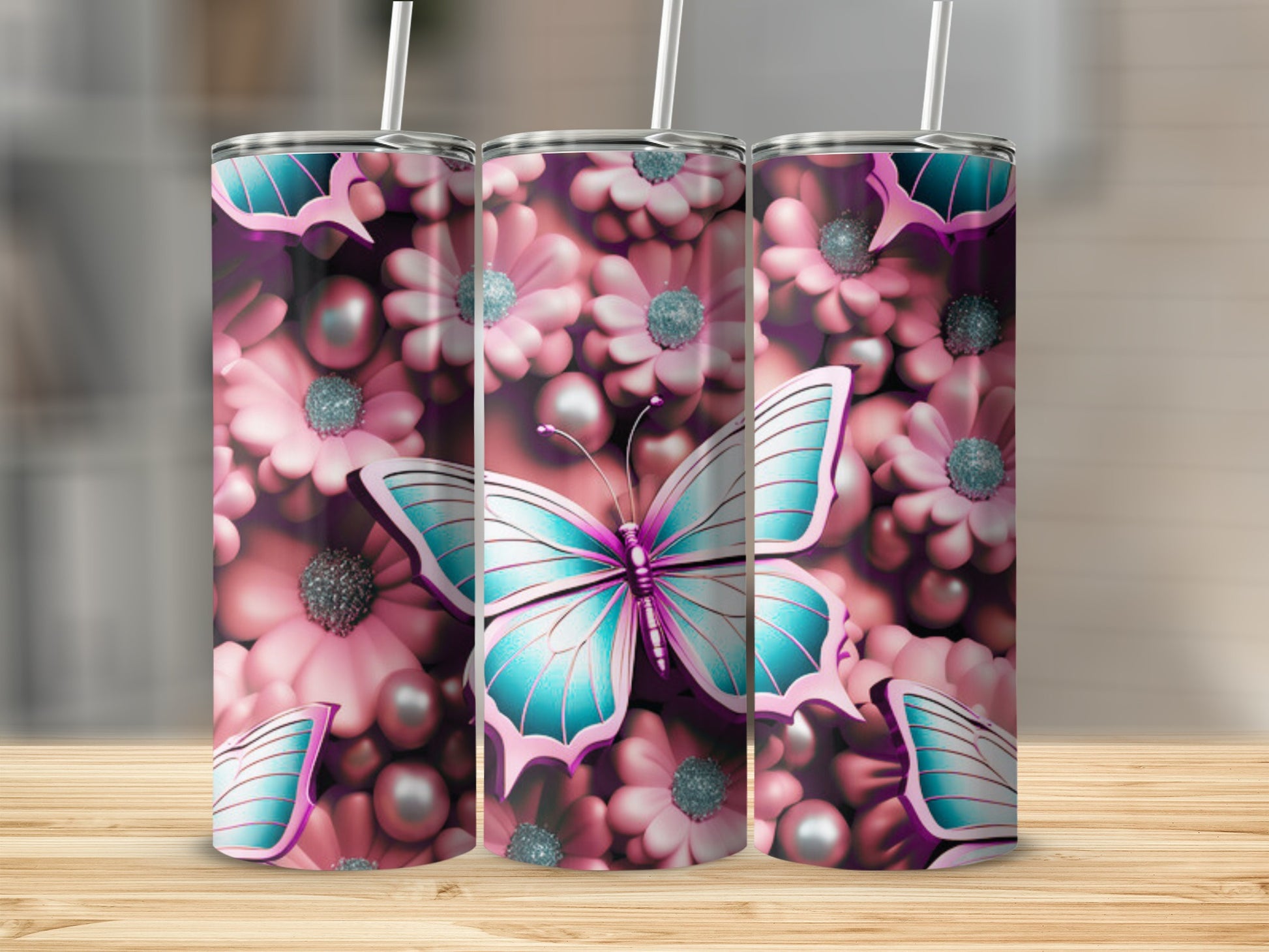 Pink and purple floral tumbler with a bright blue butterfly design.