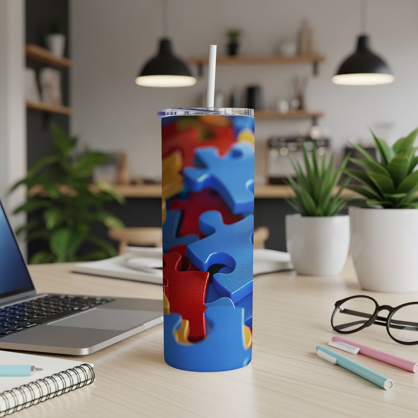 Tumbler with colorful puzzle pieces, red piece prominent, on a desk.
