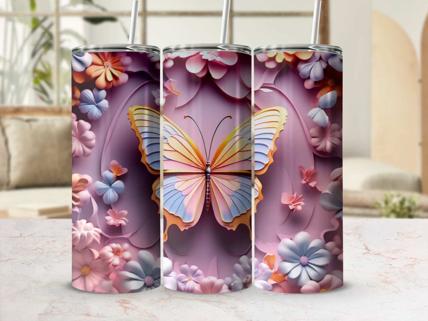 Pink tumbler with butterflies and floral embellishments.