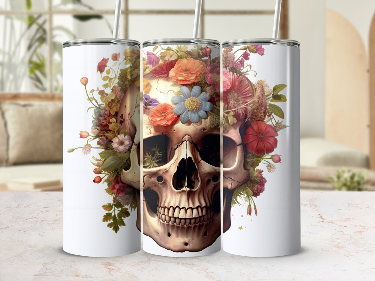 Floral Skull Design With Straw Tumbler