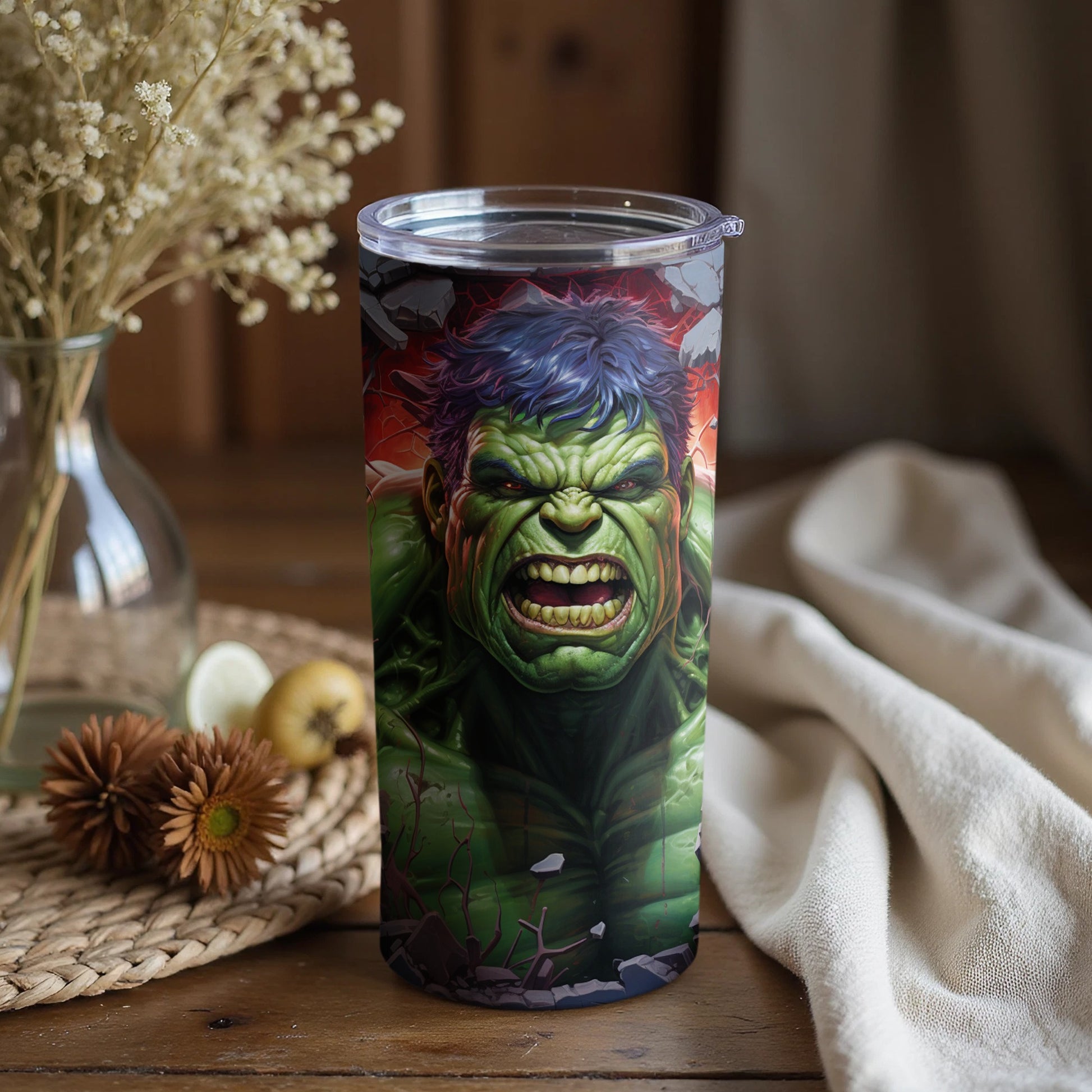 Hulk themed tumbler with intense detailed graphic