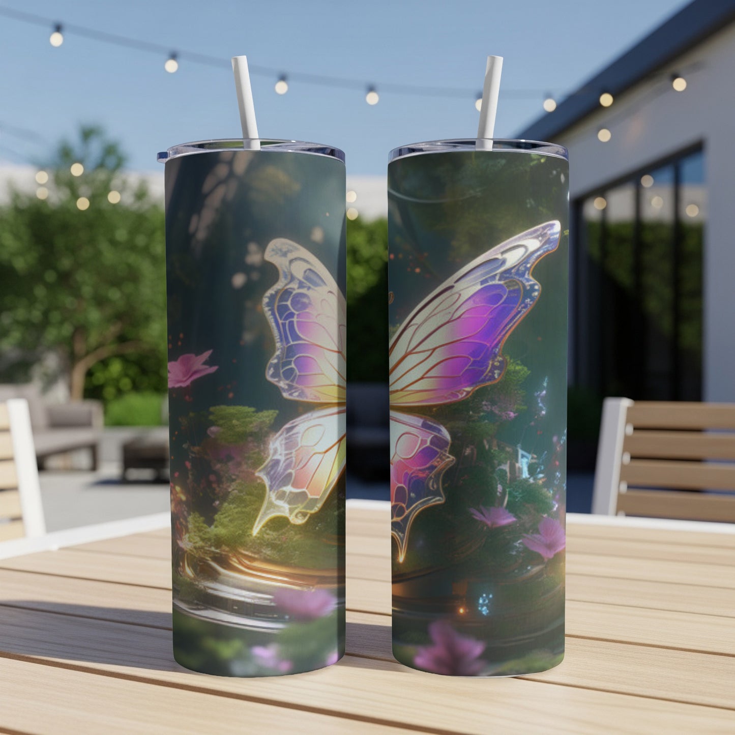 Two tumblers with iridescent butterfly wings on a wooden table.