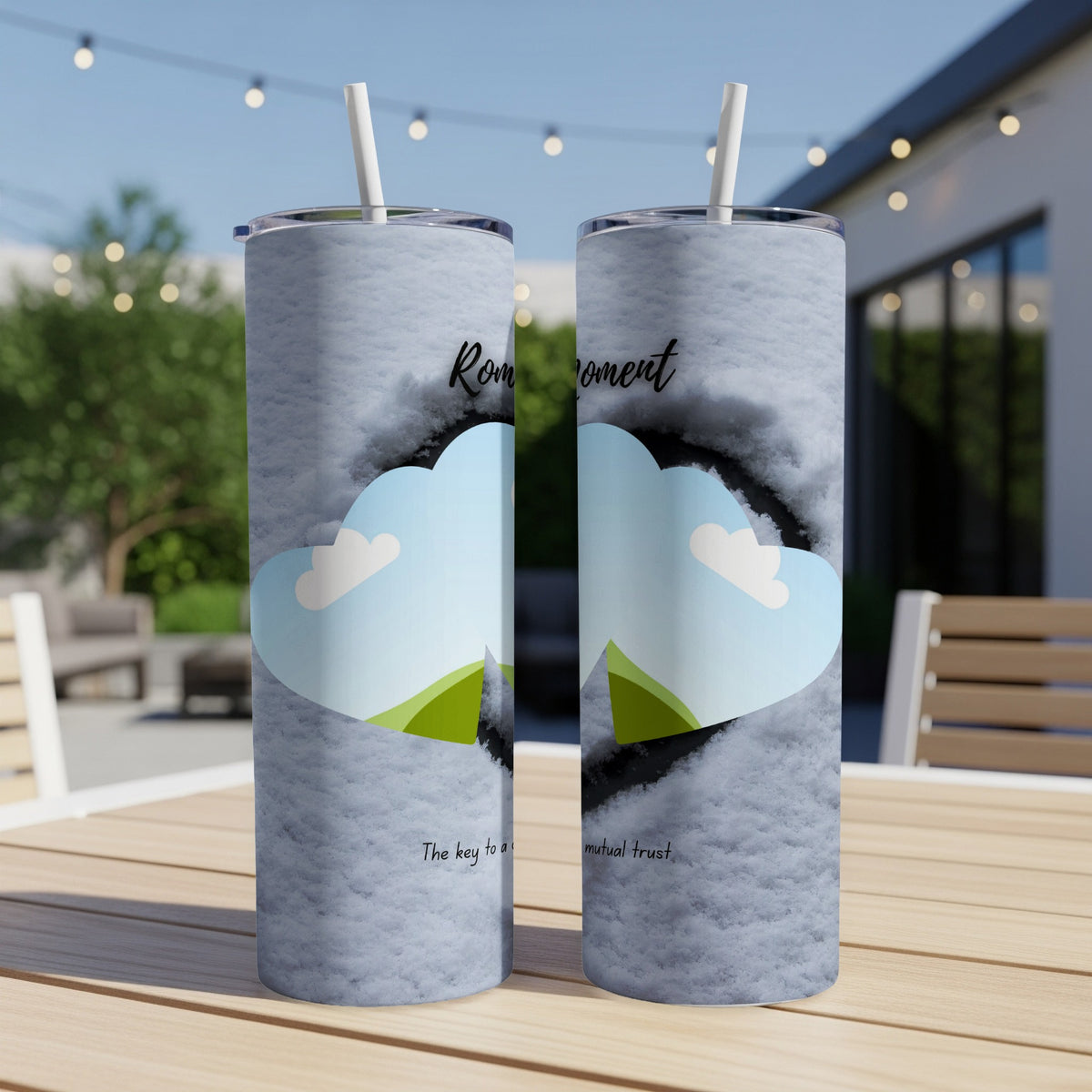 Two tumblers with a fuzzy gray design, featuring hearts with sky and grass, and text.