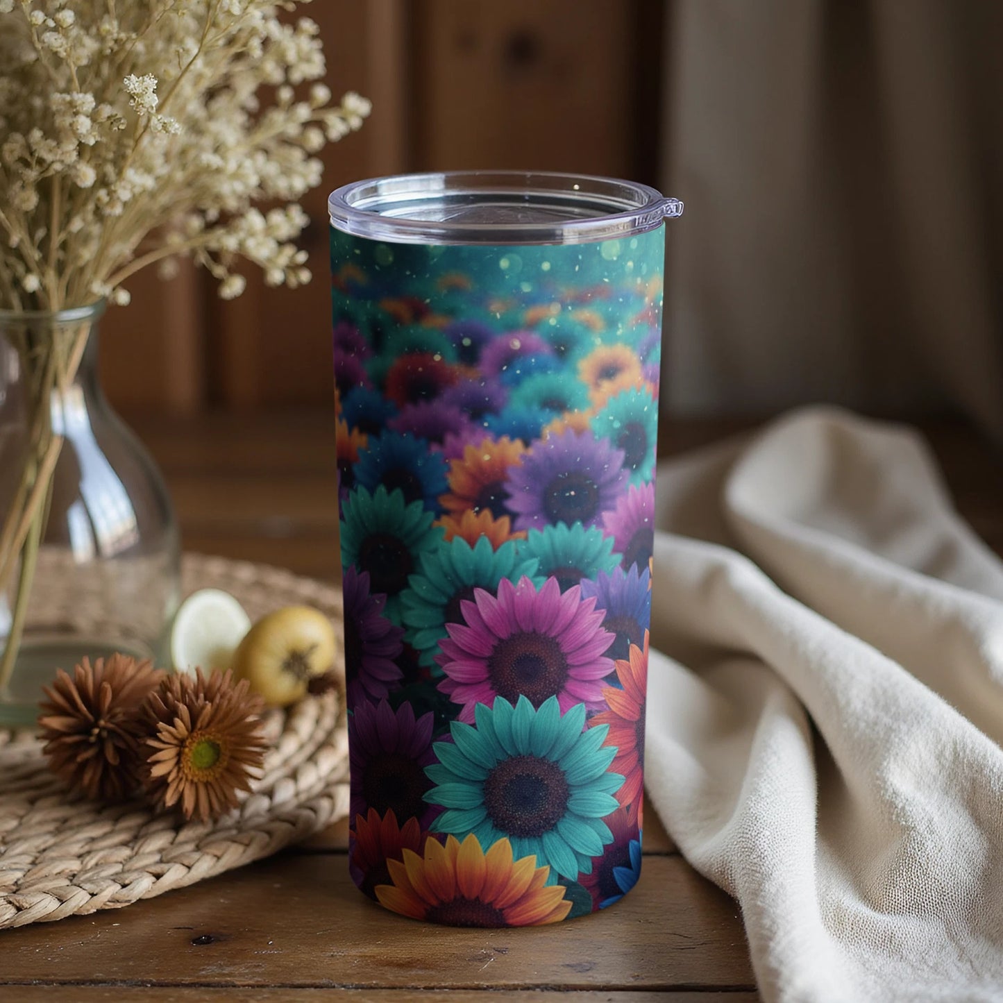 Vibrant Floral Design Travel Tumbler with Lid