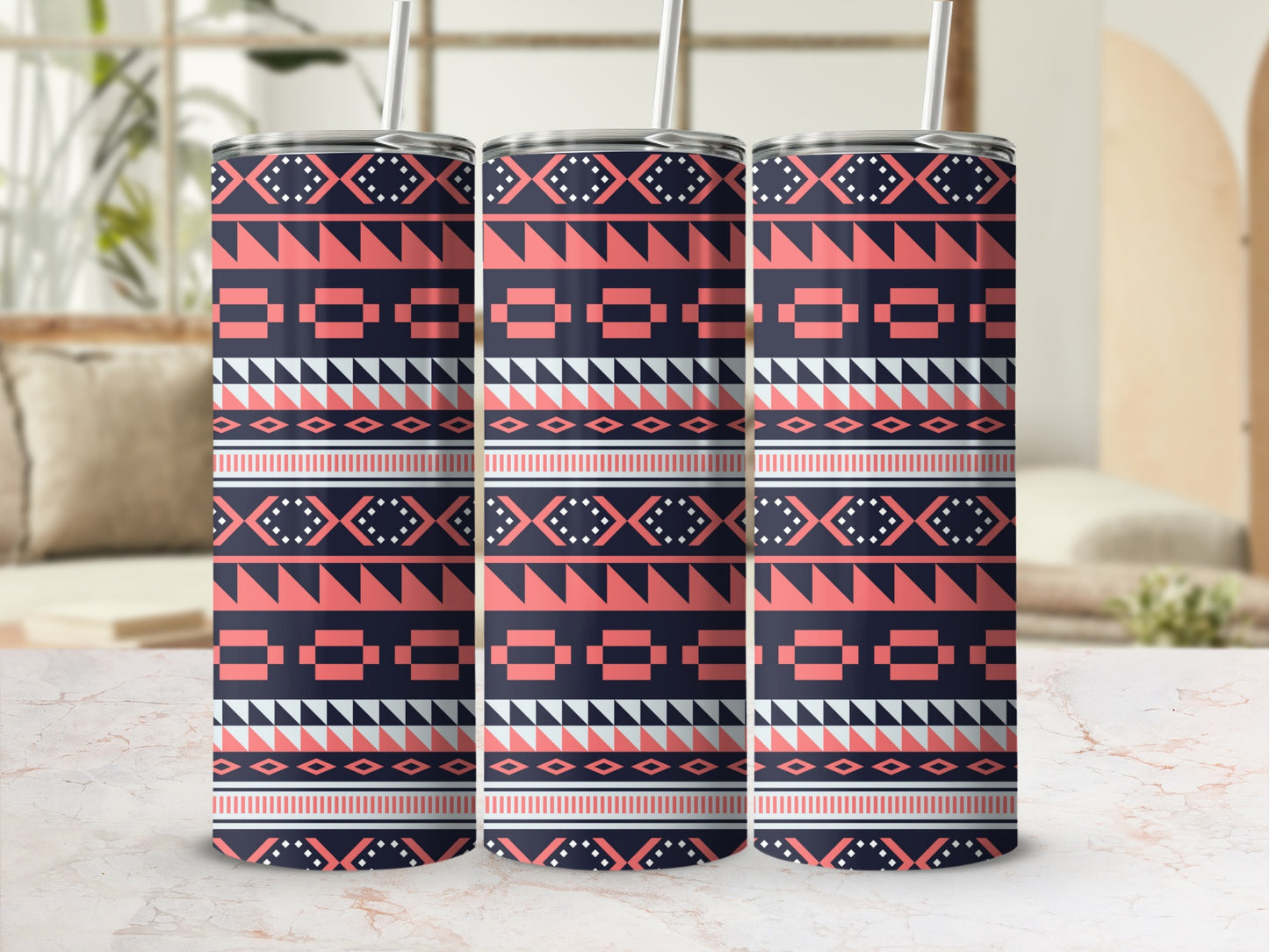 Geometric Pattern Drink Tumbler with Straw Product
