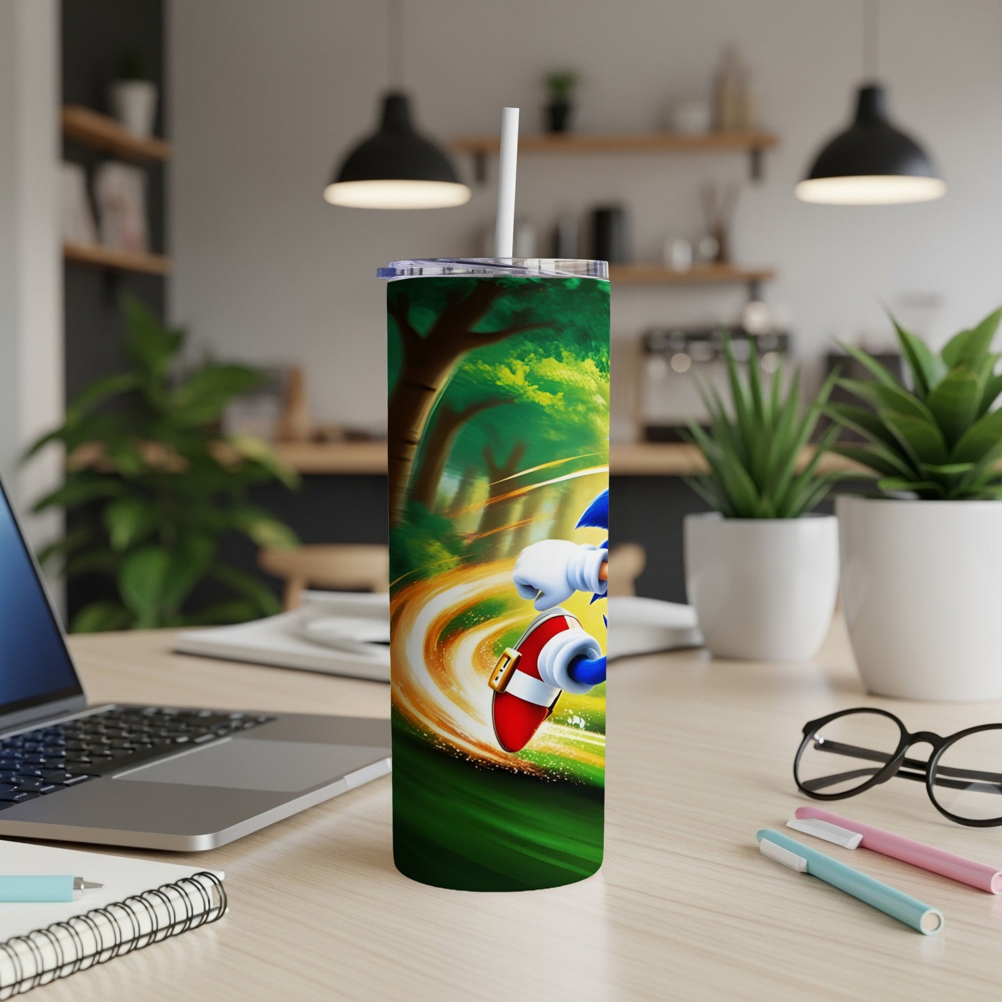 Sonic the Hedgehog speeding through a forest on a green tumbler.
