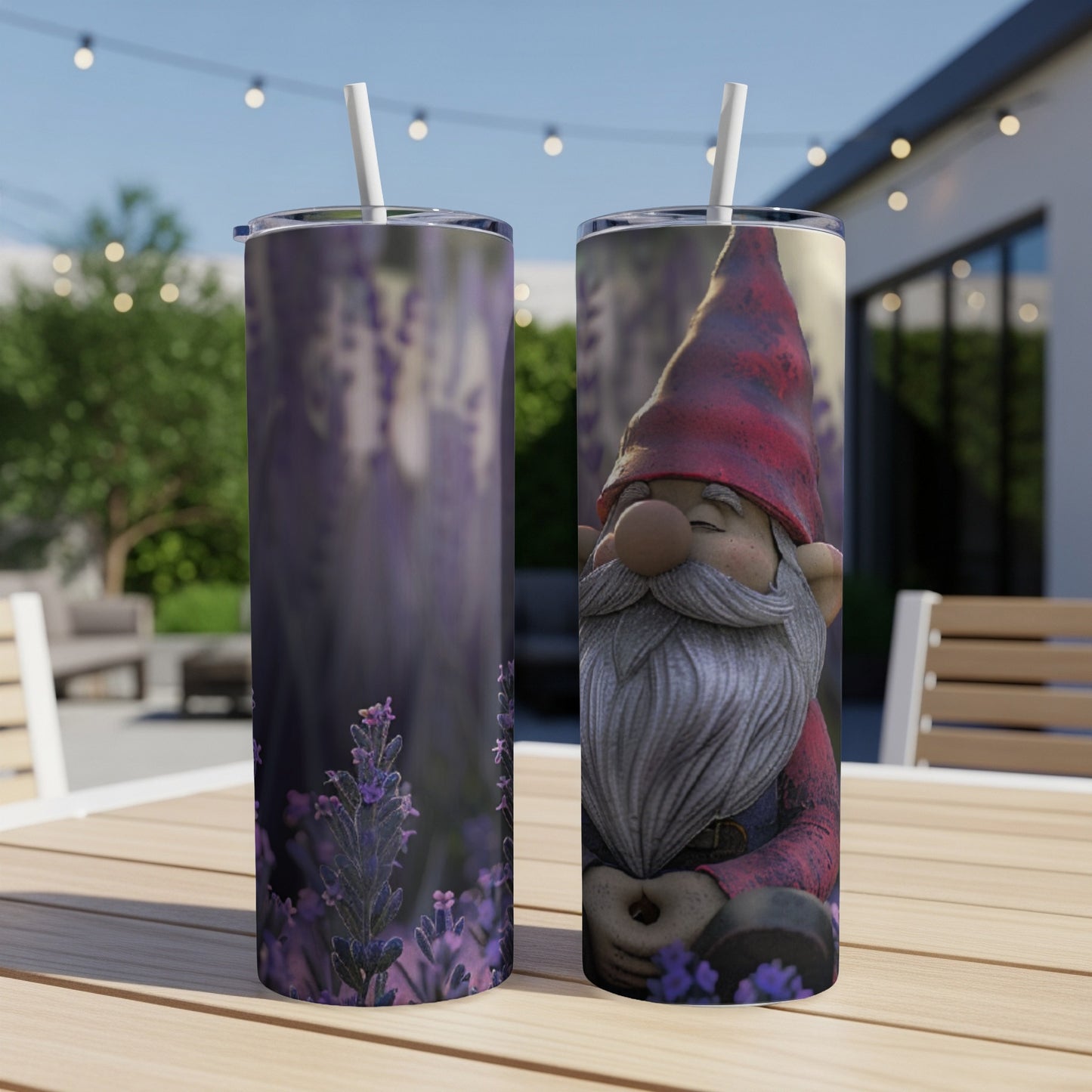 Two tumblers with gnome and lavender designs on a wooden table.