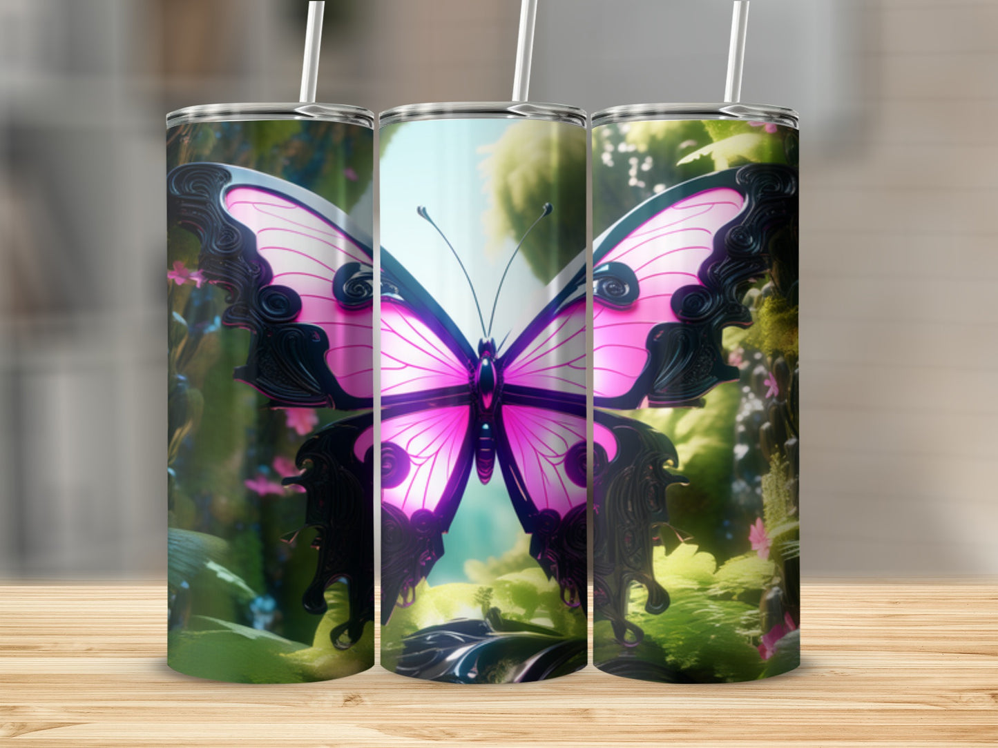 Three tumblers featuring a large pink butterfly with black accents.