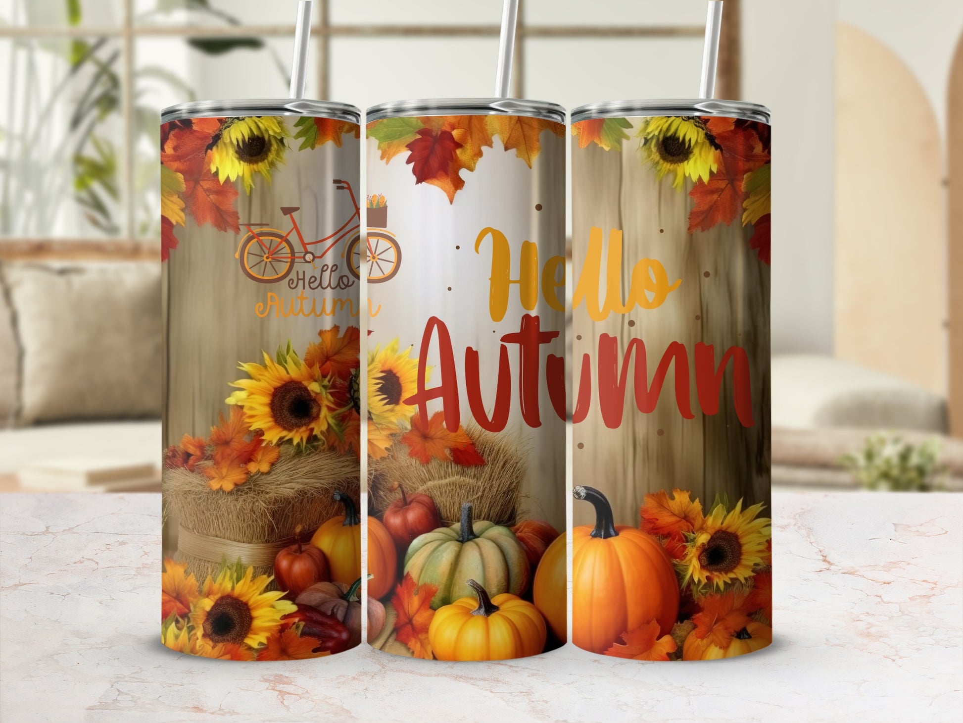 Hello Autumn Sunflower and Pumpkin Design Tumbler