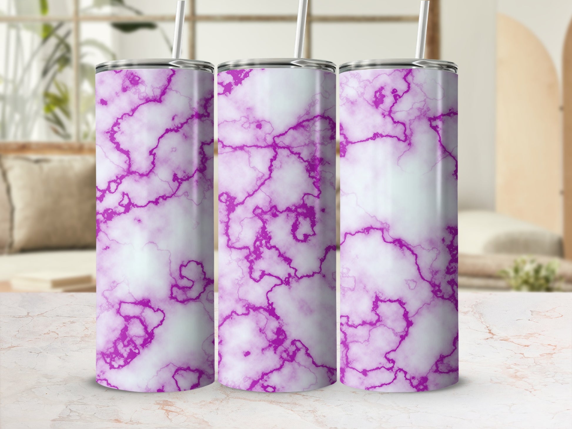 White tumbler with purple marble pattern and straw.