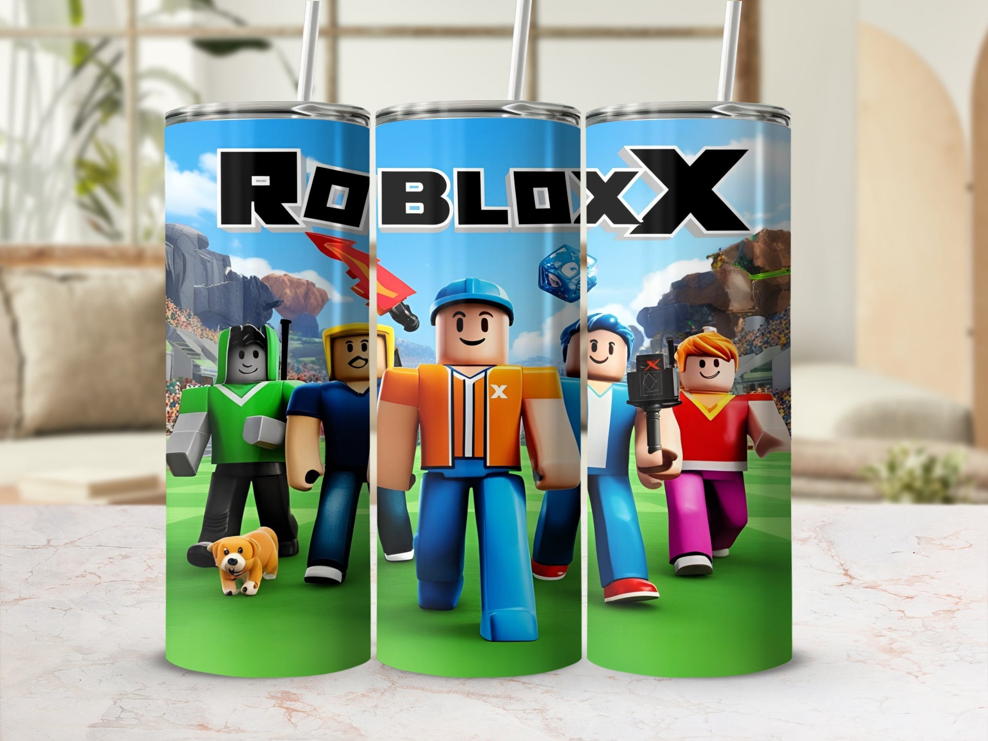 Roblox characters on a tumbler with straws.