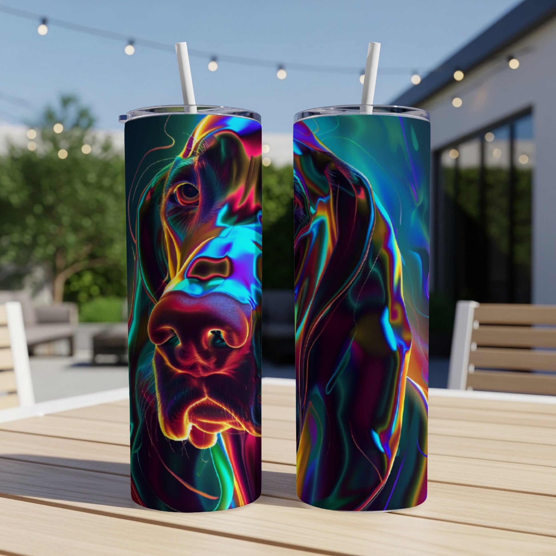 Colorful abstract dog face design on two standing tumblers.