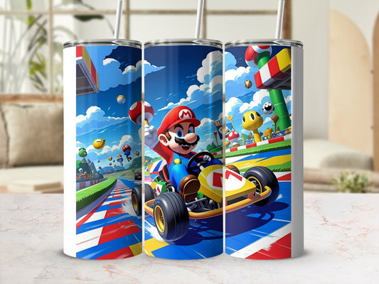 Mario Kart racing game characters on a tumbler with colorful track background.