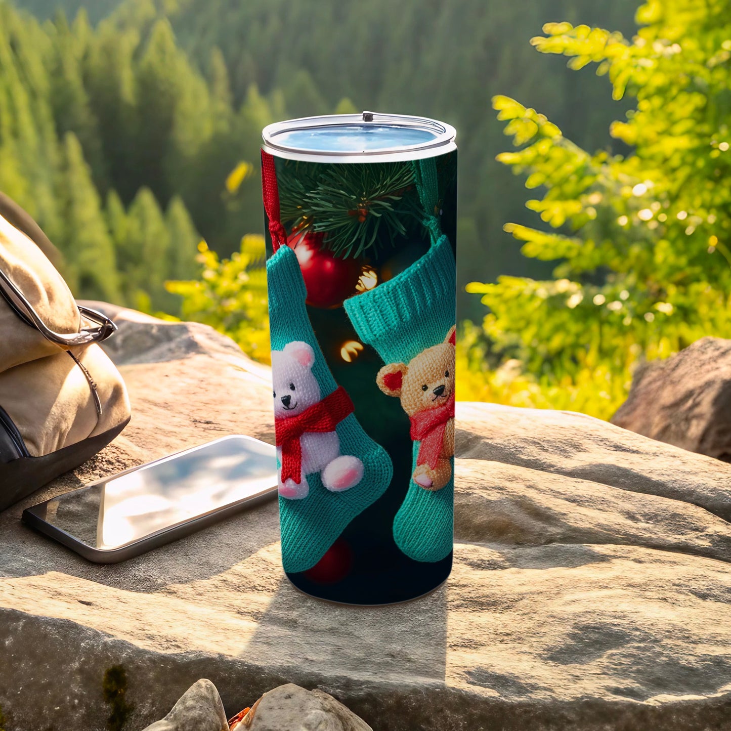 Festive Holiday Bear and Stockings Stainless Steel Tumbler