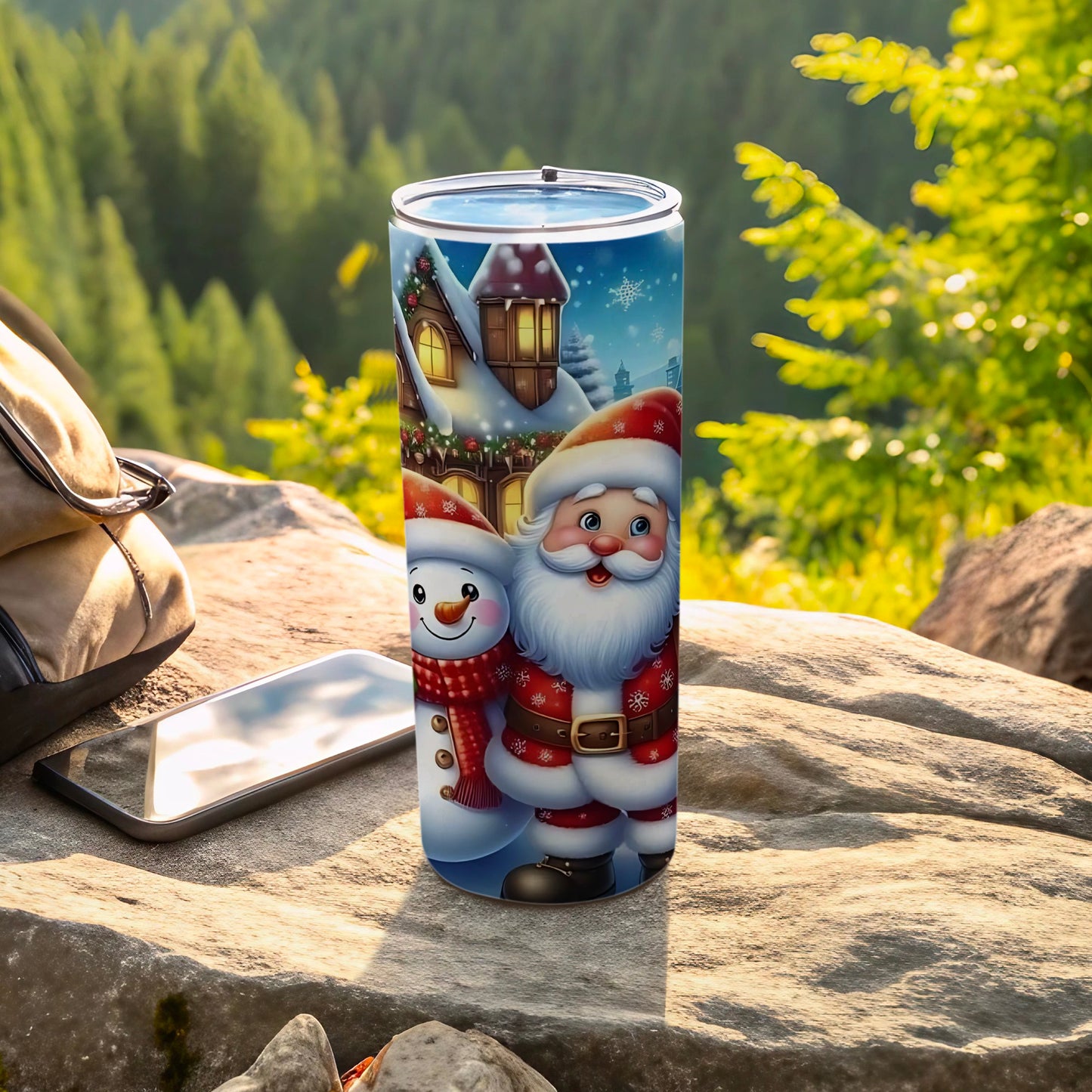 Festive Santa Claus and Snowman Design Tumbler