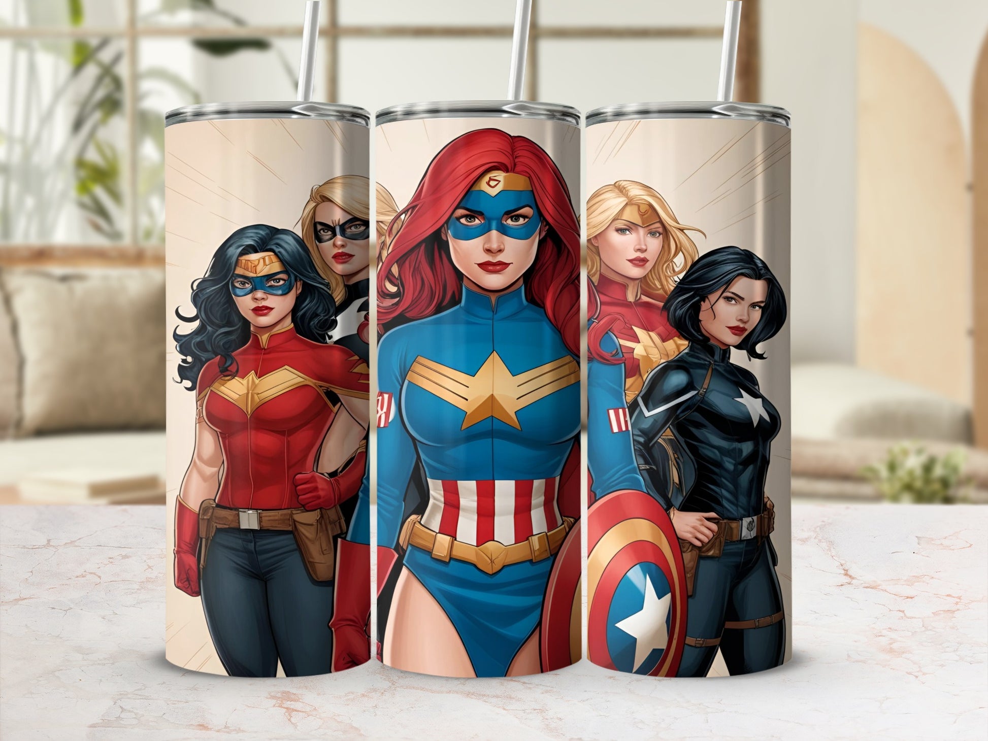 Four female superheroes in colorful costumes, including Captain America, stand together.