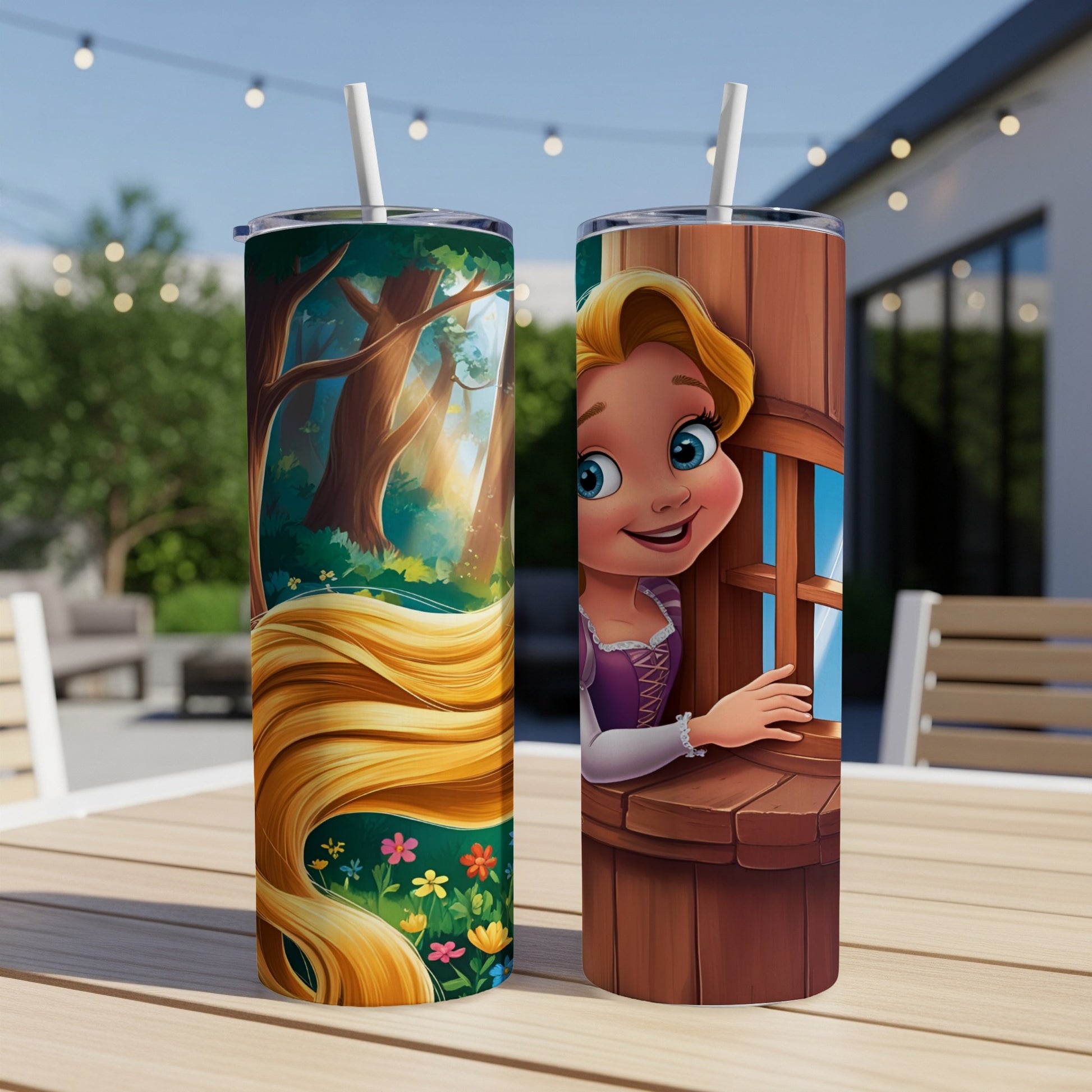 Rapunzel peeking from a window with her long blonde hair cascading down.