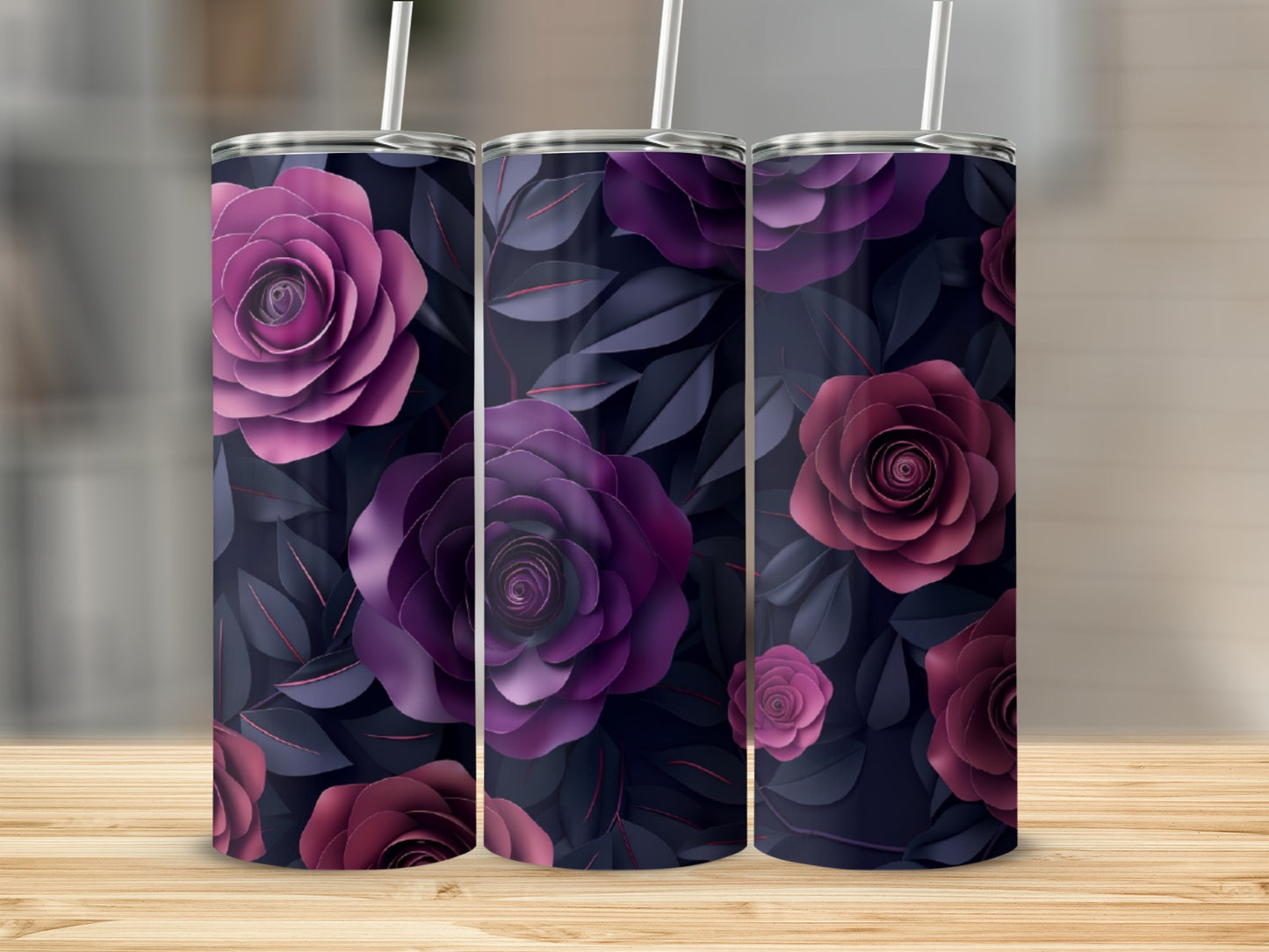 Purple and pink roses on dark leaves pattern tumbler.
