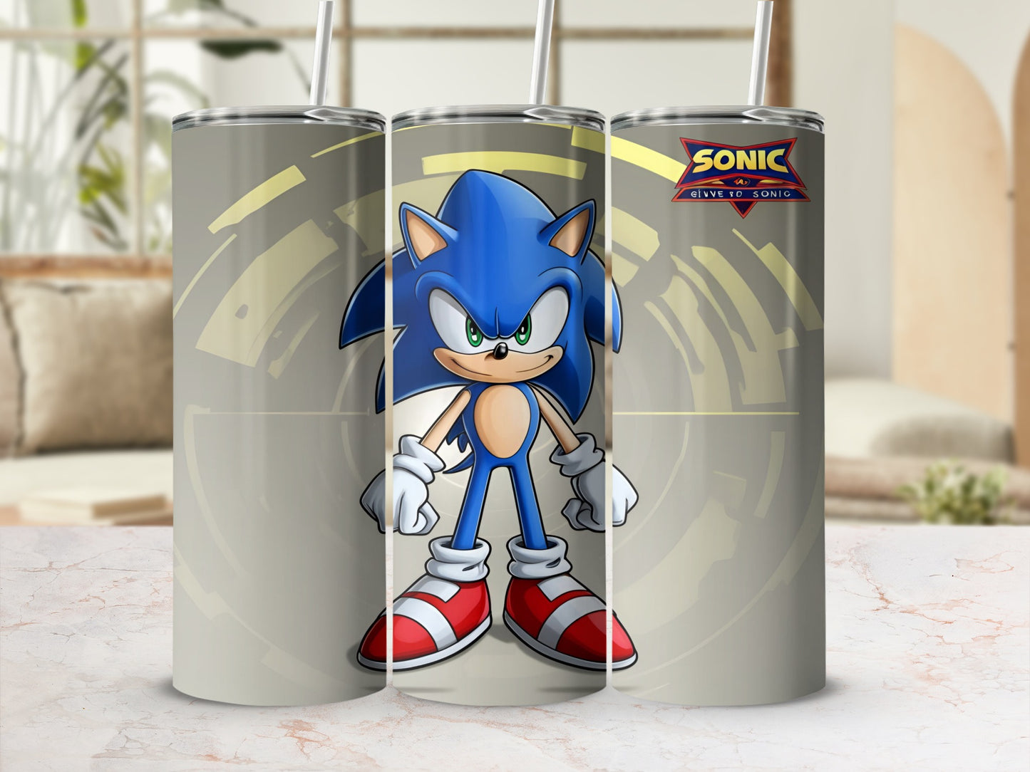 Sonic the Hedgehog character on a cylindrical tumbler with tribal pattern background.