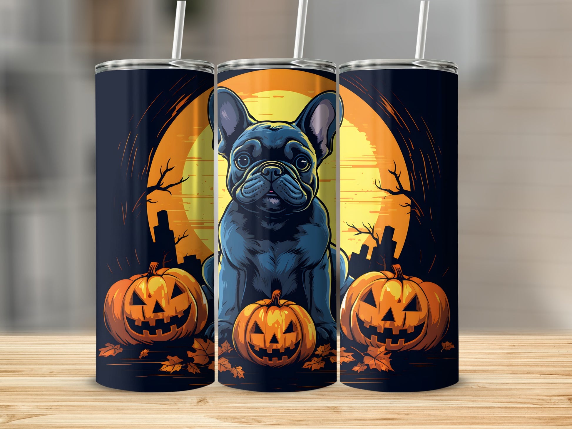 French bulldog and pumpkins on a dark background with a full moon.