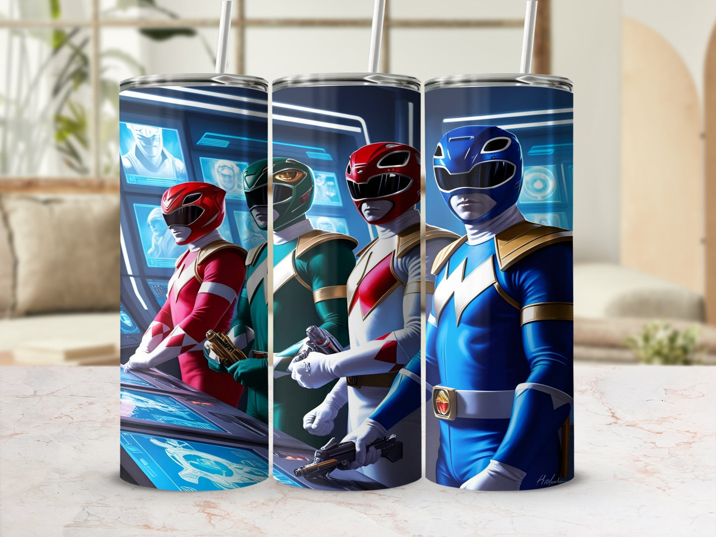 Three Power Rangers in red, green, and blue armor stand at consoles.