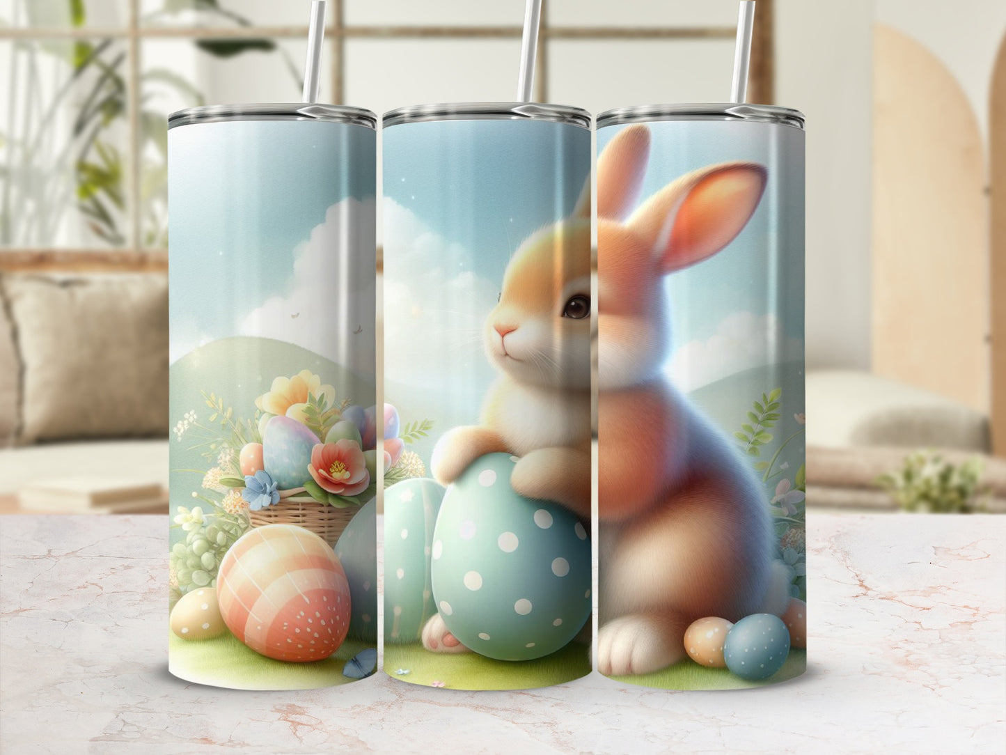 Easter bunny with decorated eggs and flowers in basket.