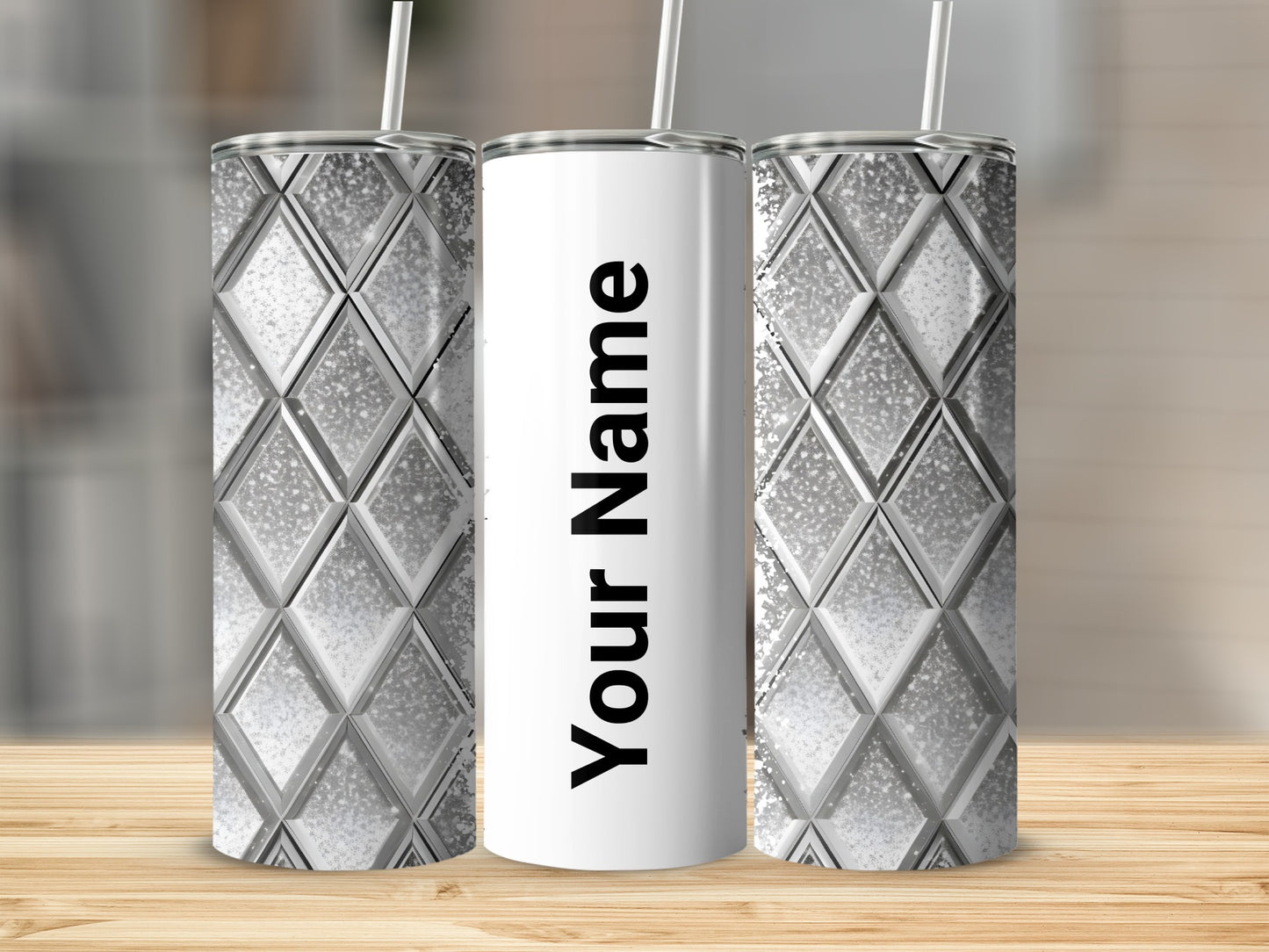 Customizable Silver Diamond Pattern Tumbler