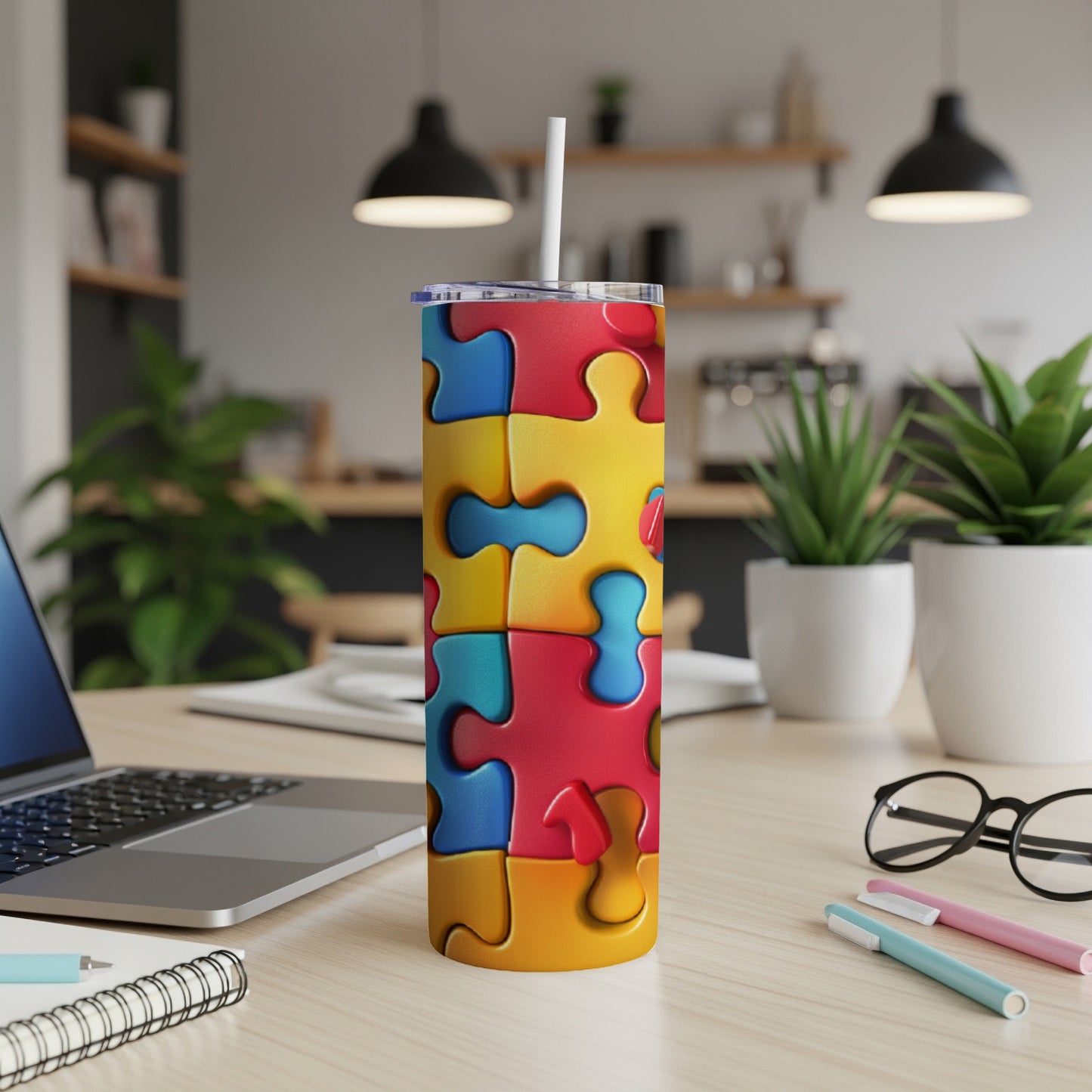 Colorful puzzle piece pattern on a tumbler with a straw.