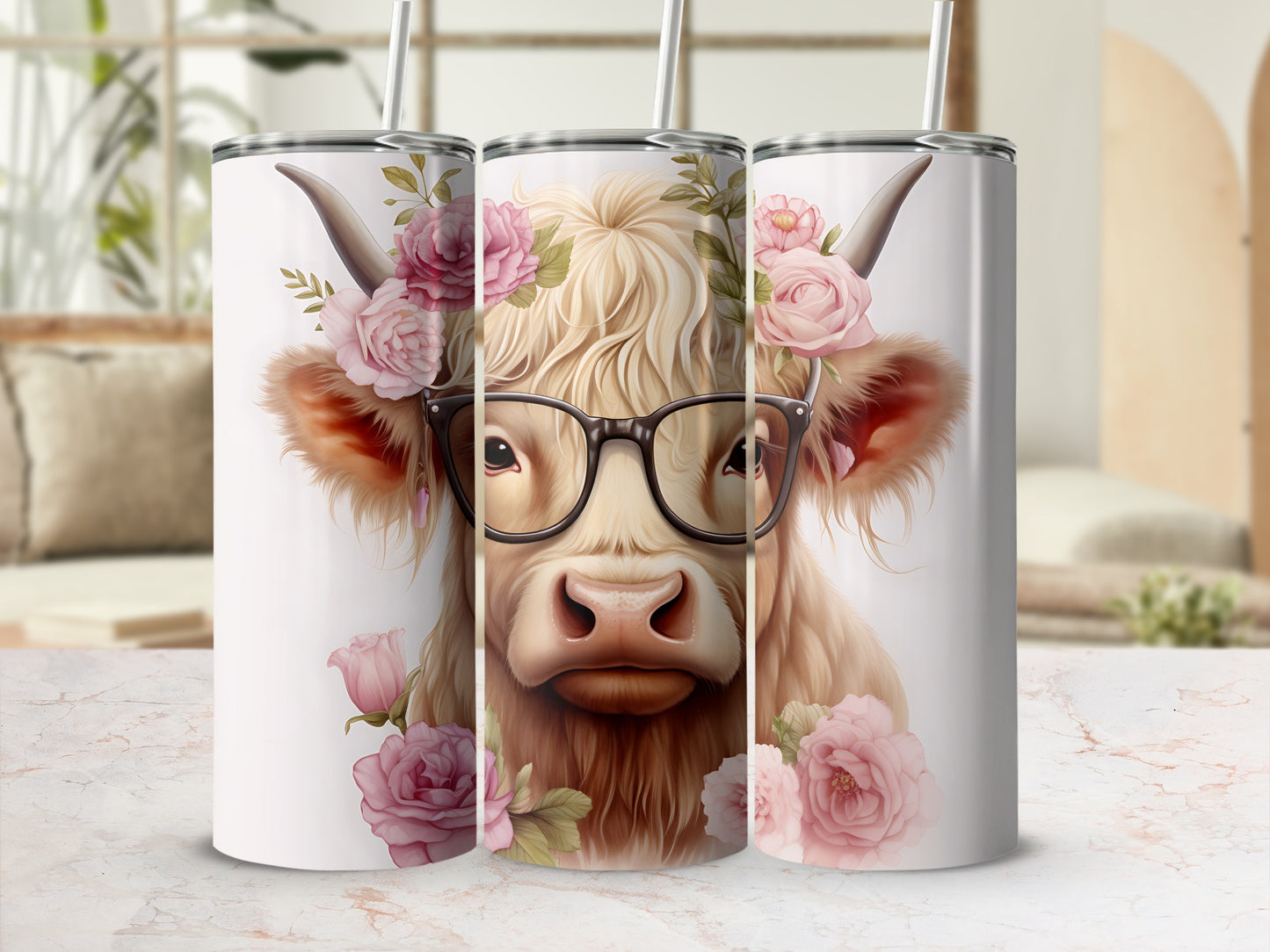 Highland cow with glasses and floral wreath on a tumbler.
