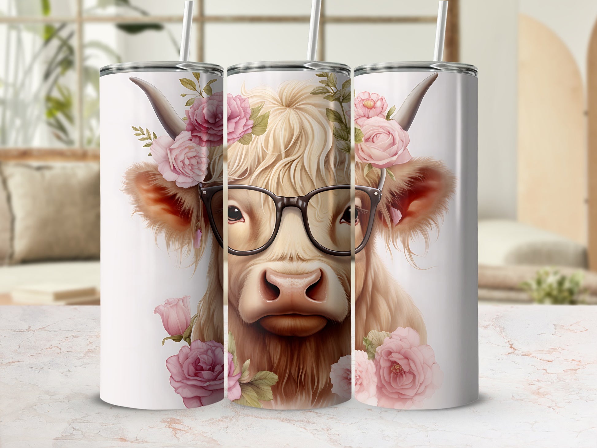 Highland cow with glasses and floral wreath on a tumbler.