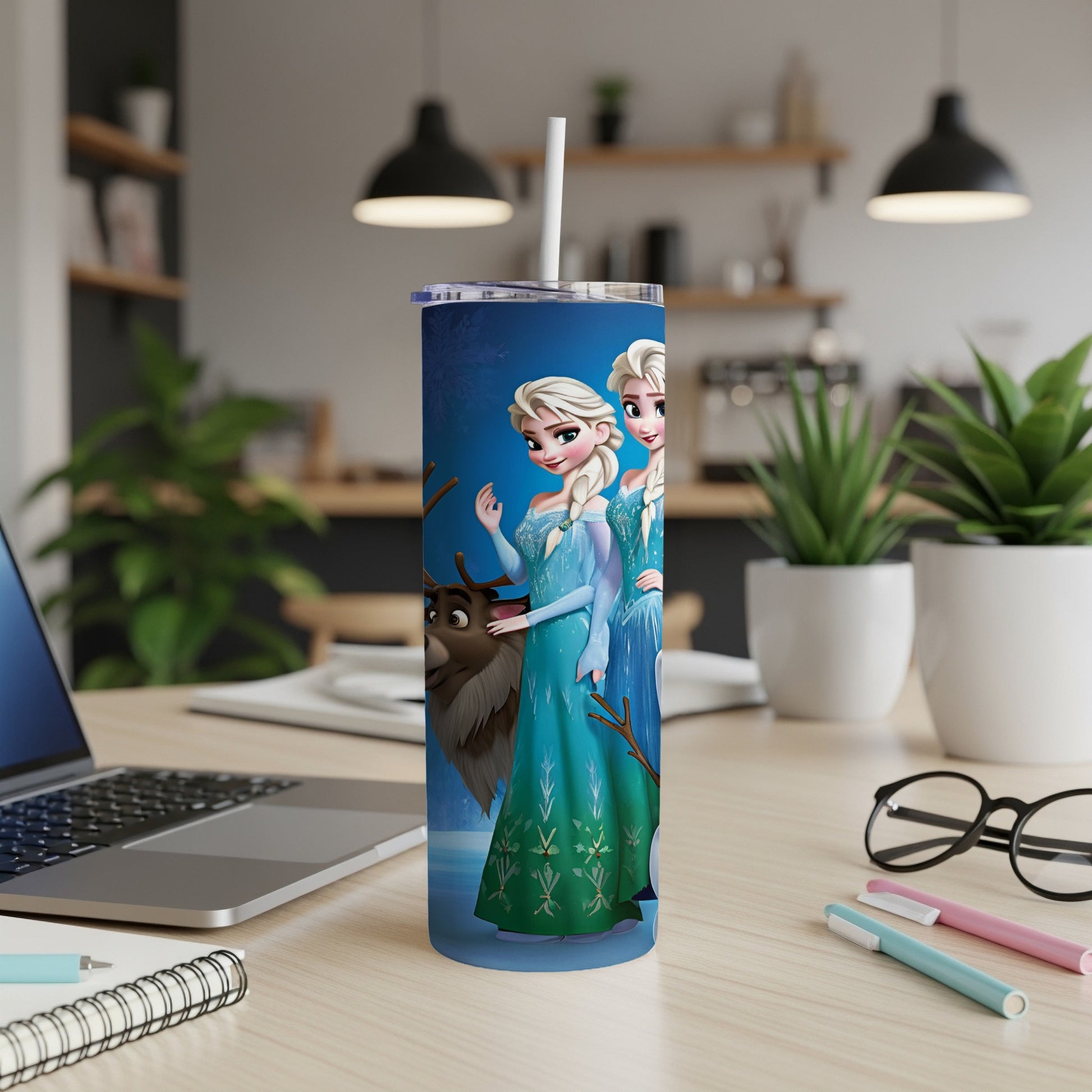 Elsa and Anna from Frozen with Sven the reindeer on a blue tumbler.