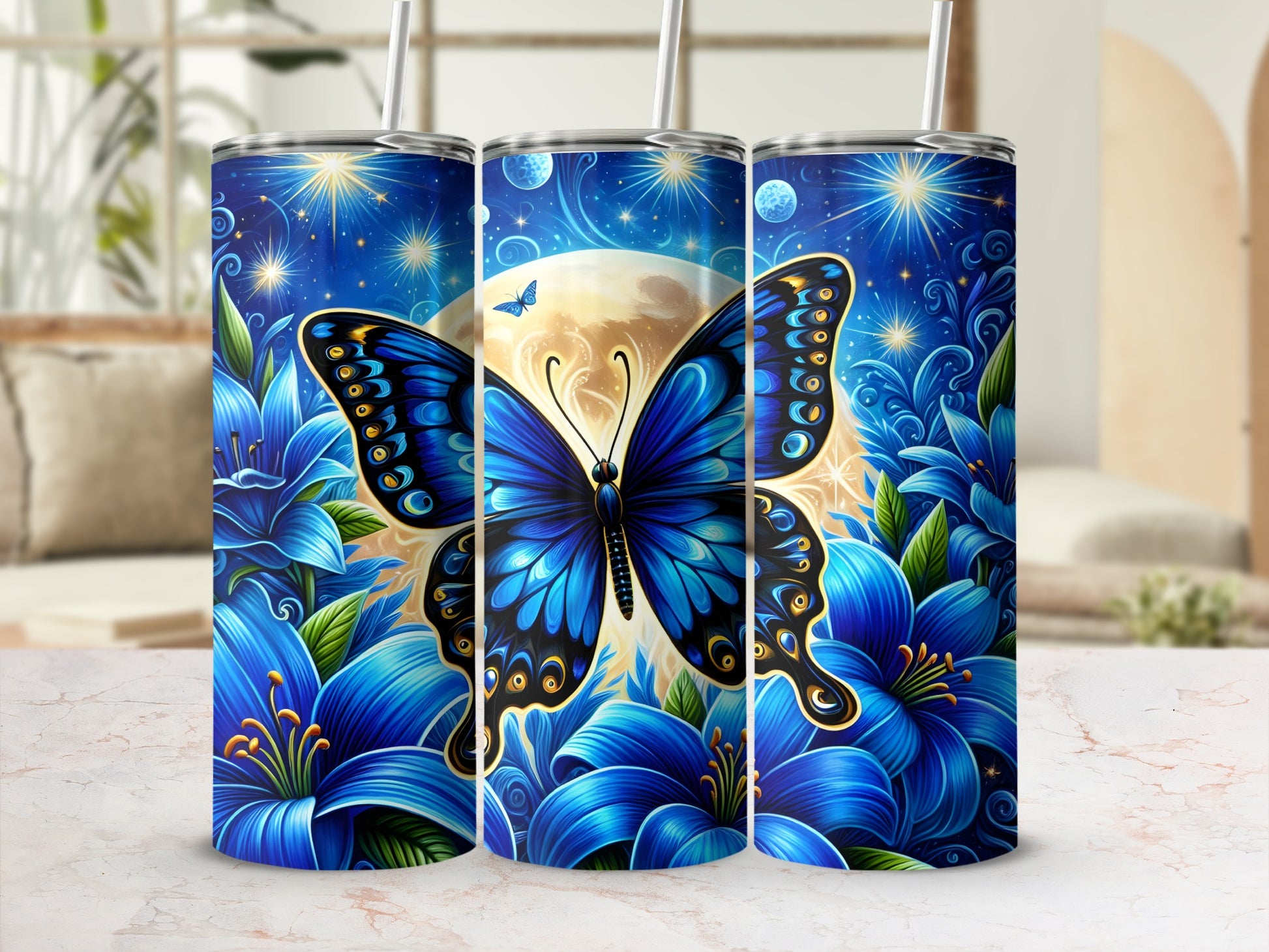 Blue butterfly on a starry night with blue lilies.