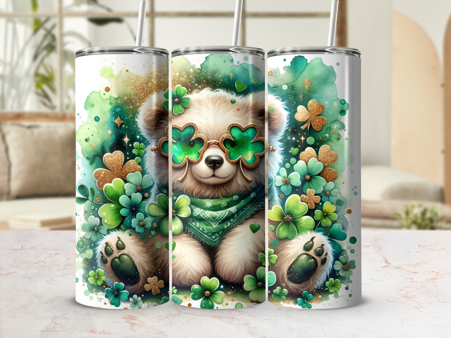 St. Patrick's Day bear wearing clover glasses, surrounded by shamrocks and glitter.