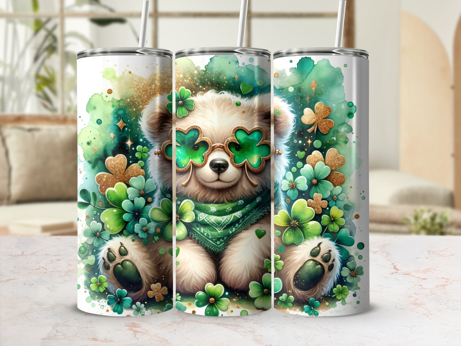St. Patrick's Day bear wearing clover glasses, surrounded by shamrocks and glitter.