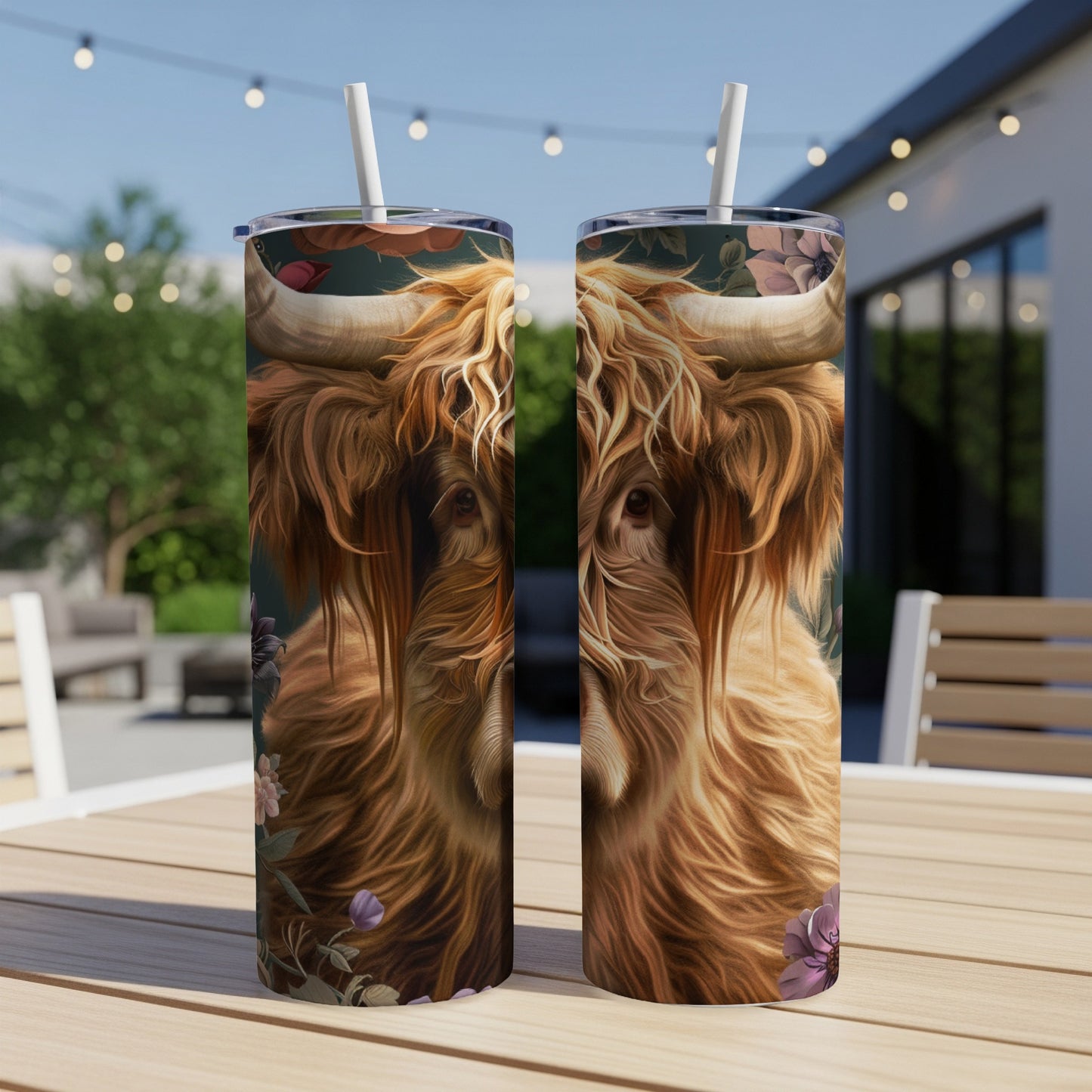 Two tumblers featuring a close-up of a shaggy Highland cow's face.