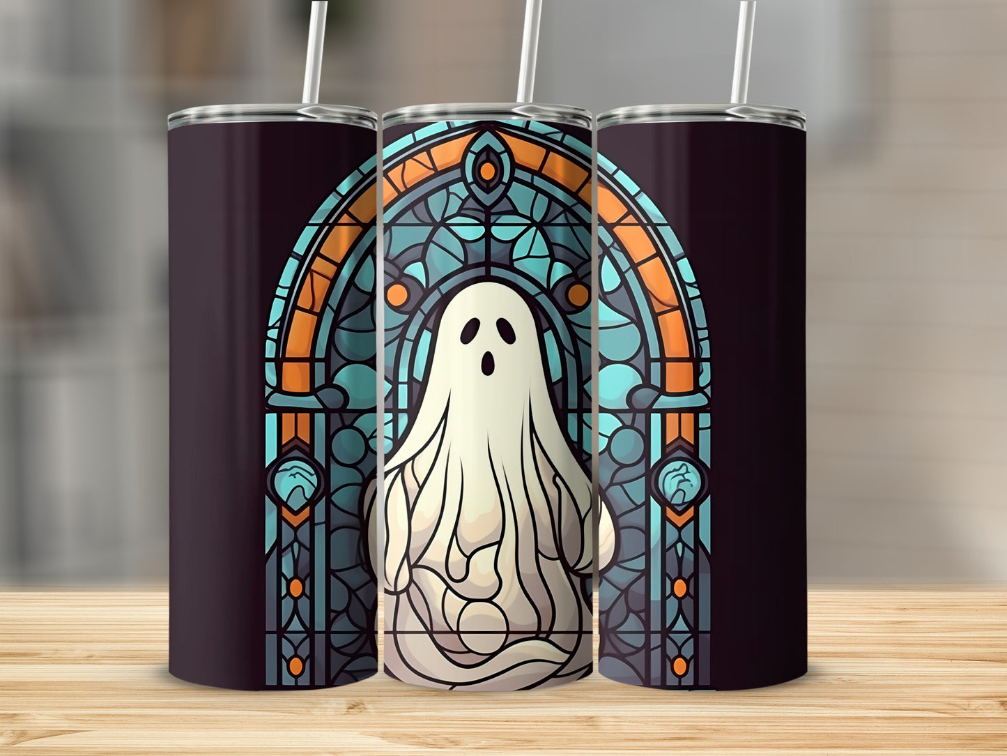 Ghost in stained glass pattern on a tumbler.