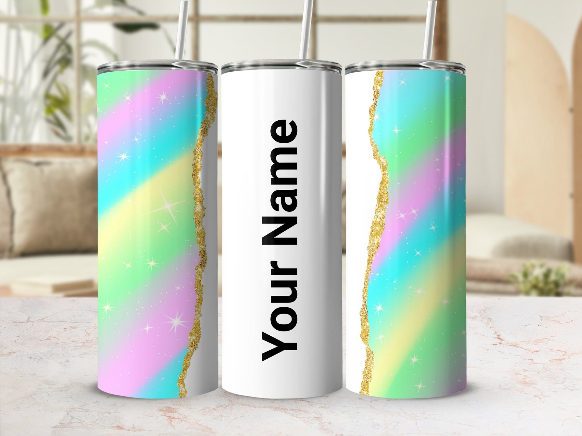 Personalized Rainbow Glitter Design Tumbler with Straw