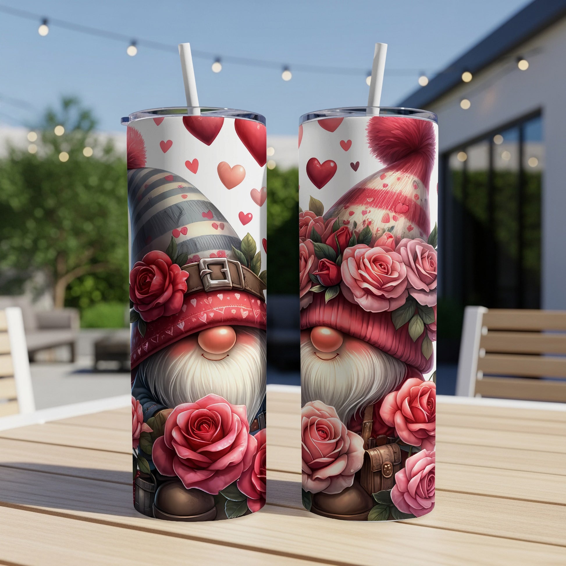 Two Valentine's Day gnomes with roses and hearts on tumblers.