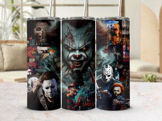 Horror movie characters and collage on a tumbler.