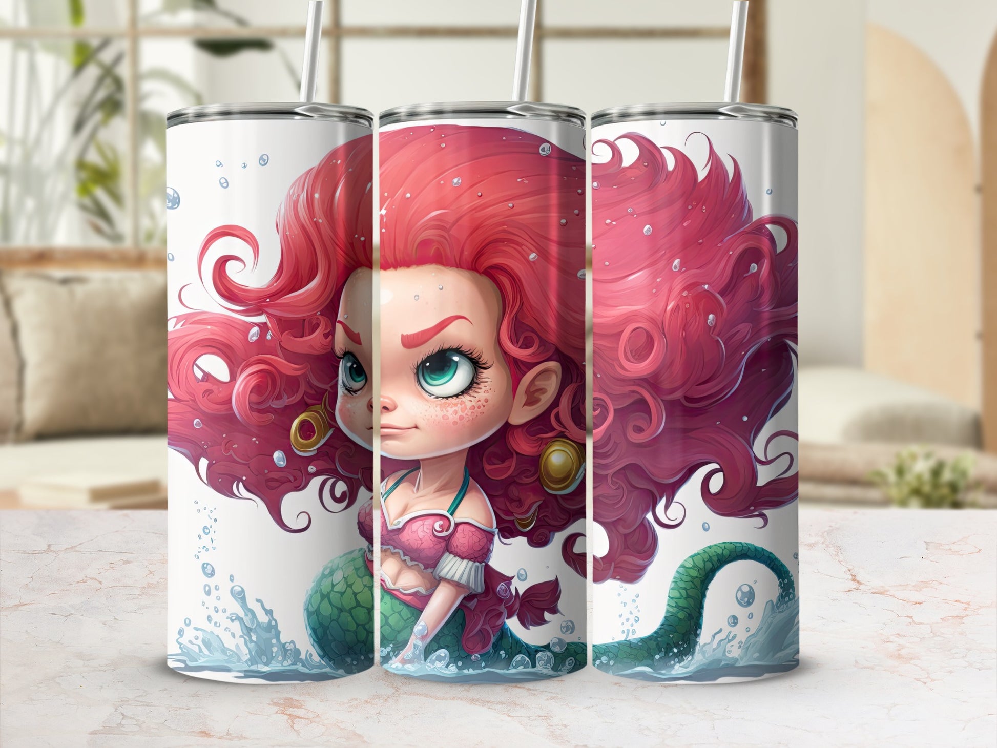 Vibrant Cartoon Mermaid with Red Hair Tumbler Design
