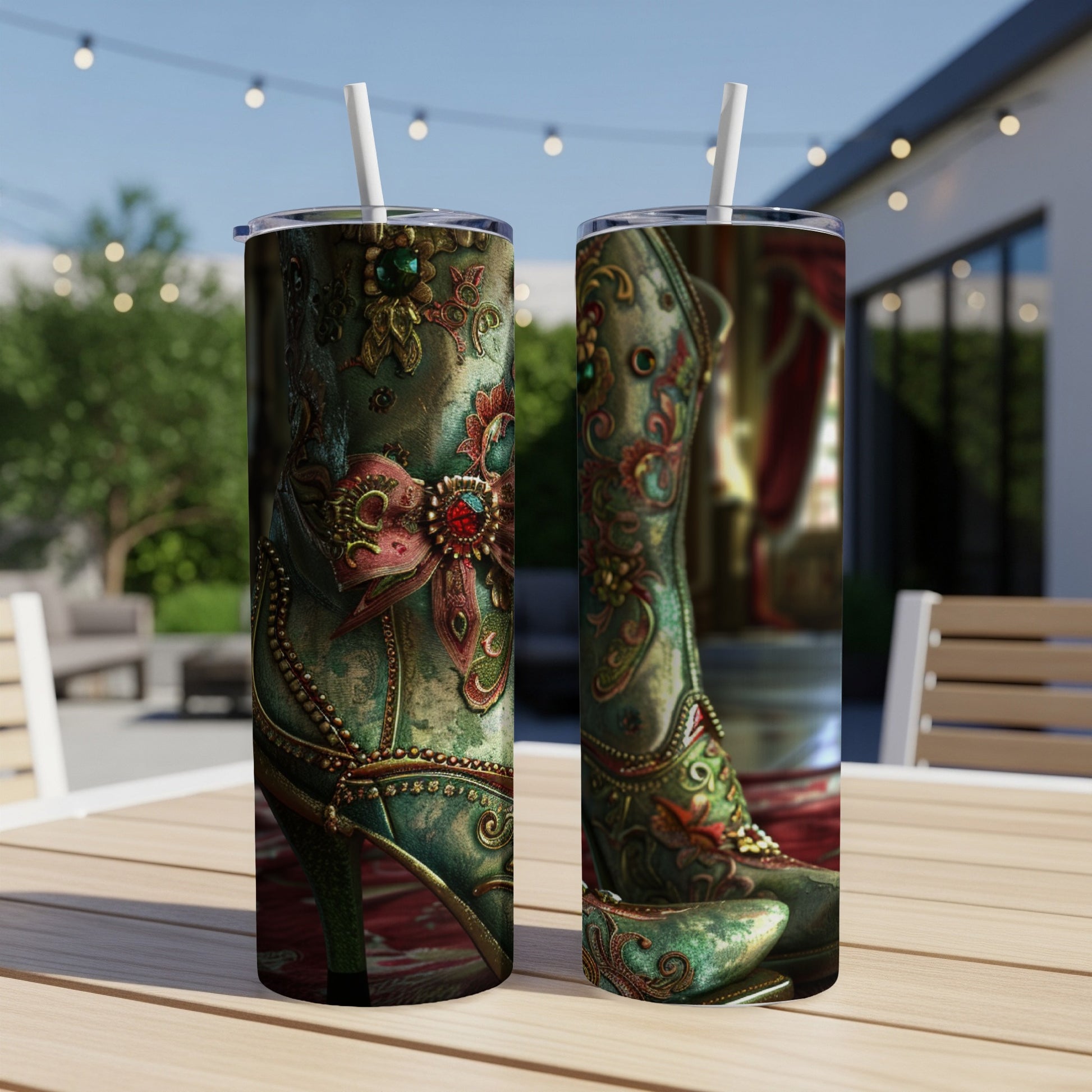 Ornate green boot with red accents and gold trim, displayed on a table.