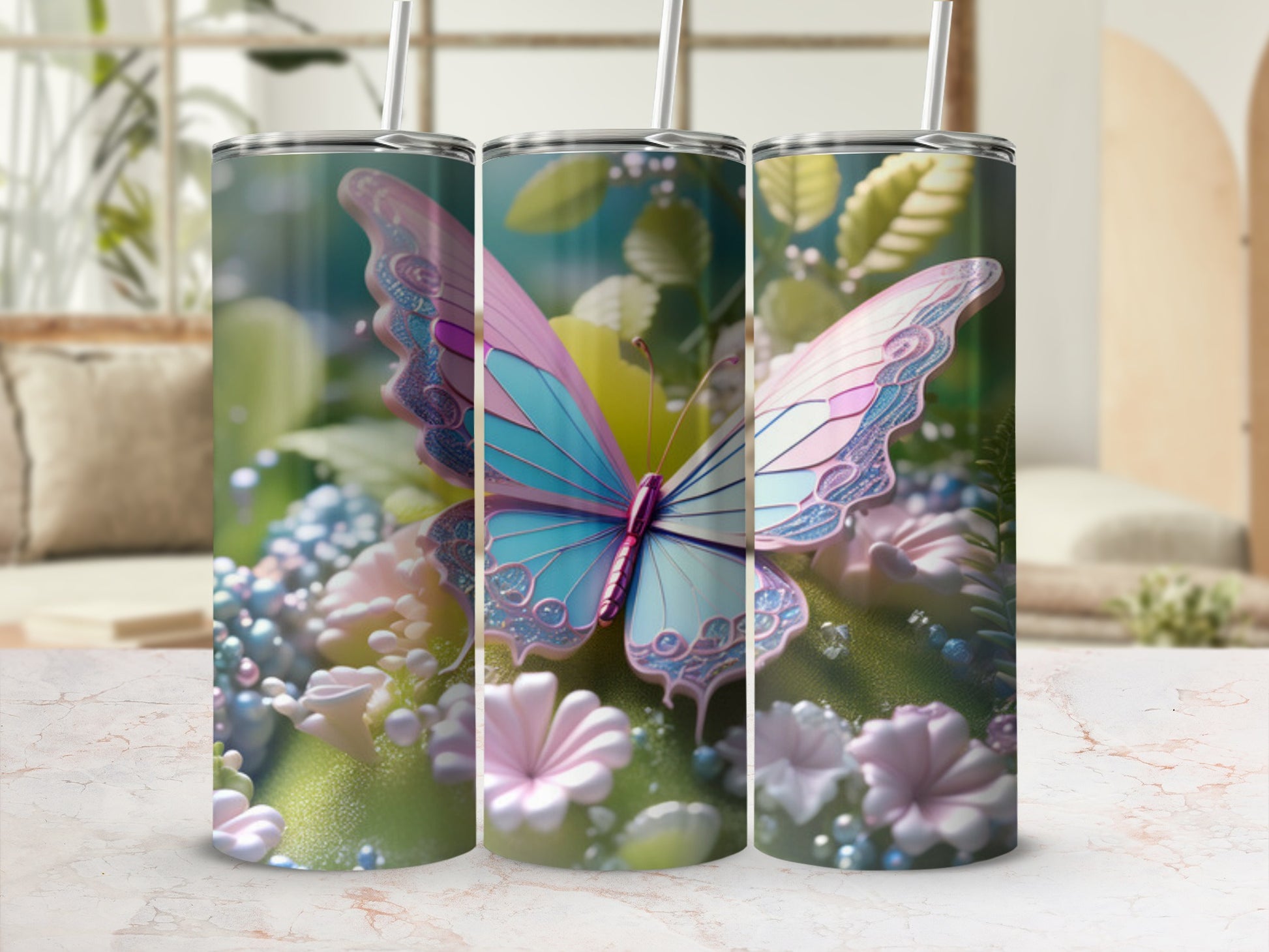 Pink and blue butterfly on pastel flowers, in three vertical panels.